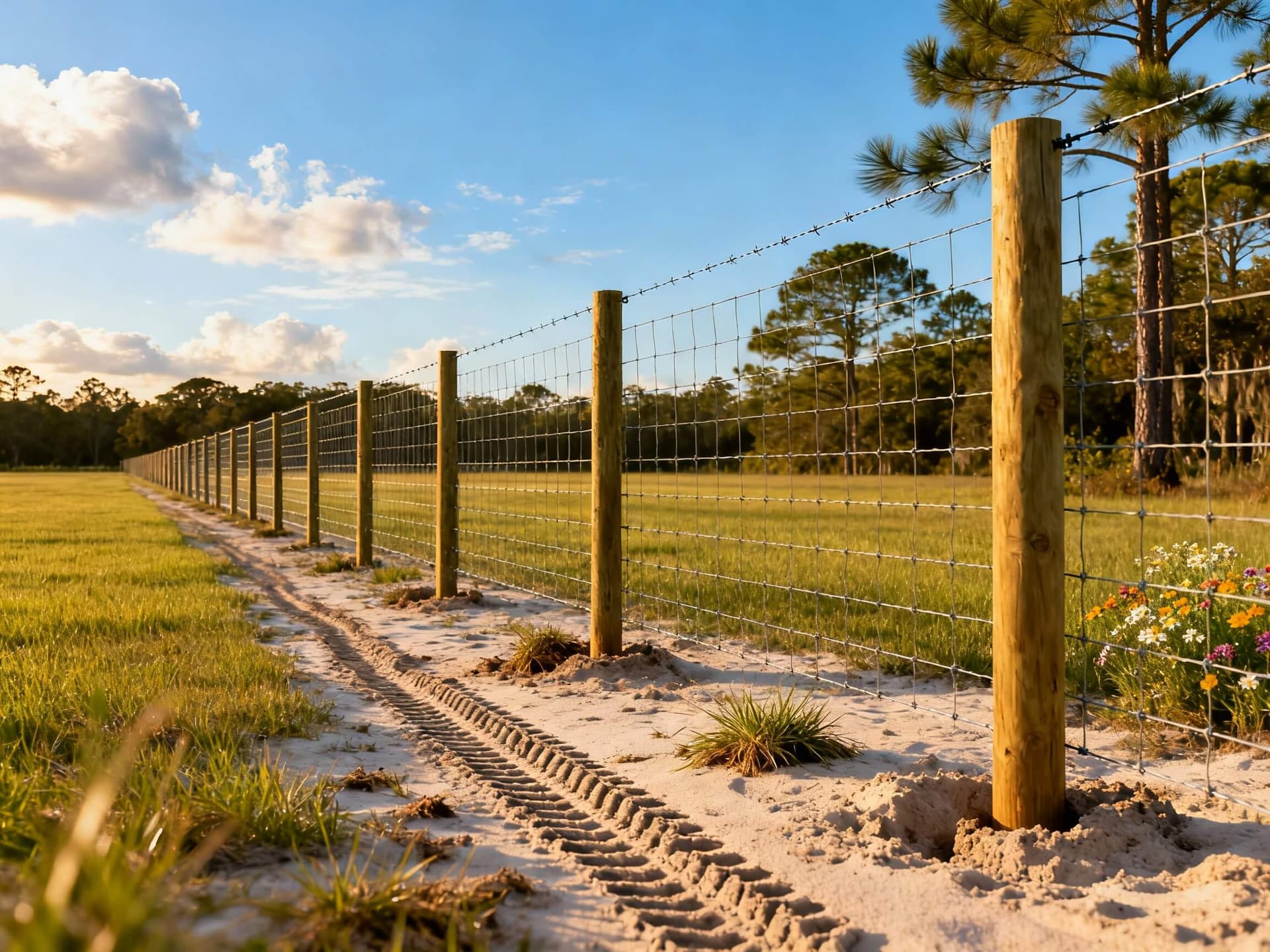 Woven wire cattle fence with top electric wire on a Florida pasture