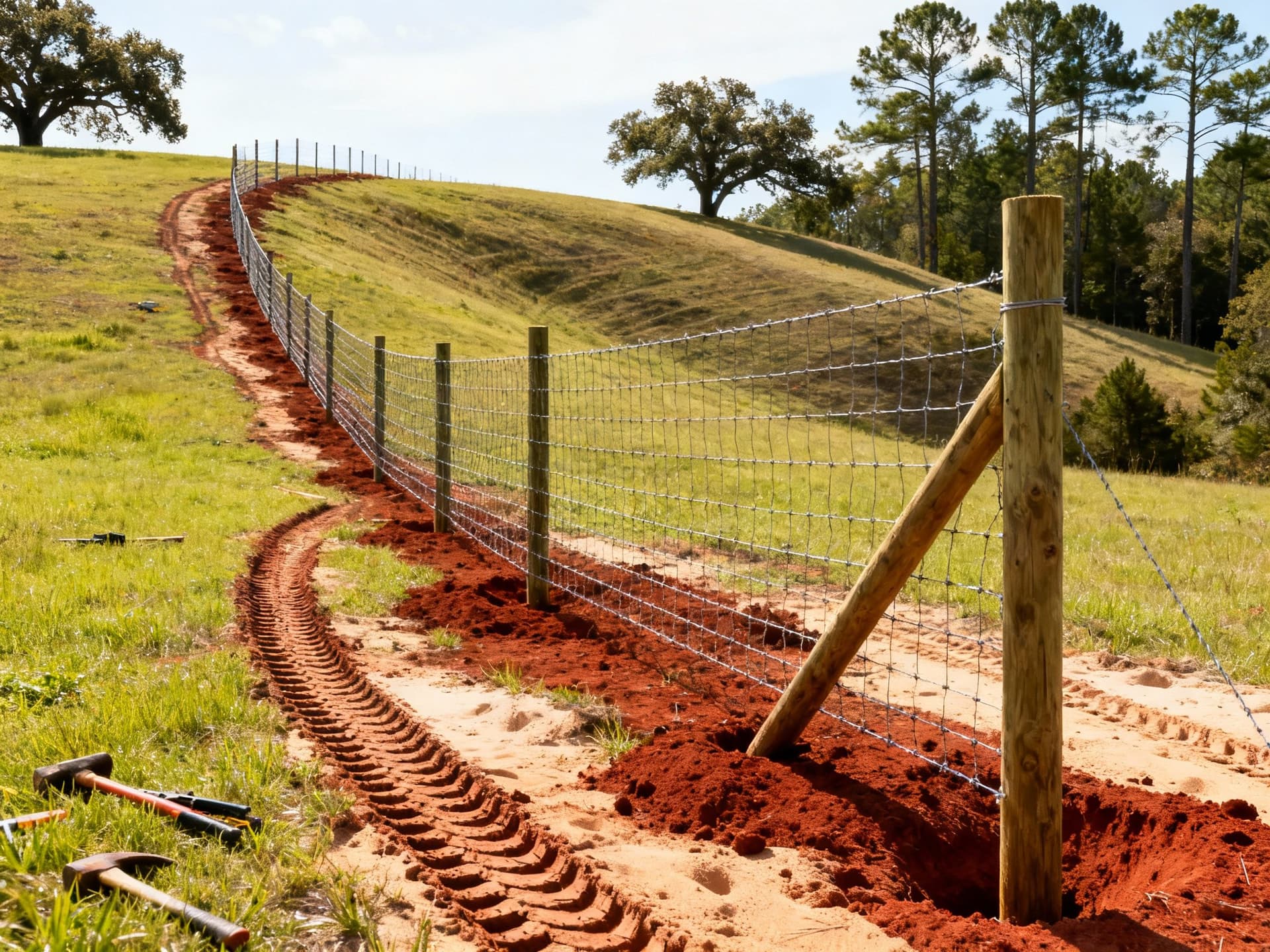 Game fence wire installed with stepping method on rolling South Georgia farmland