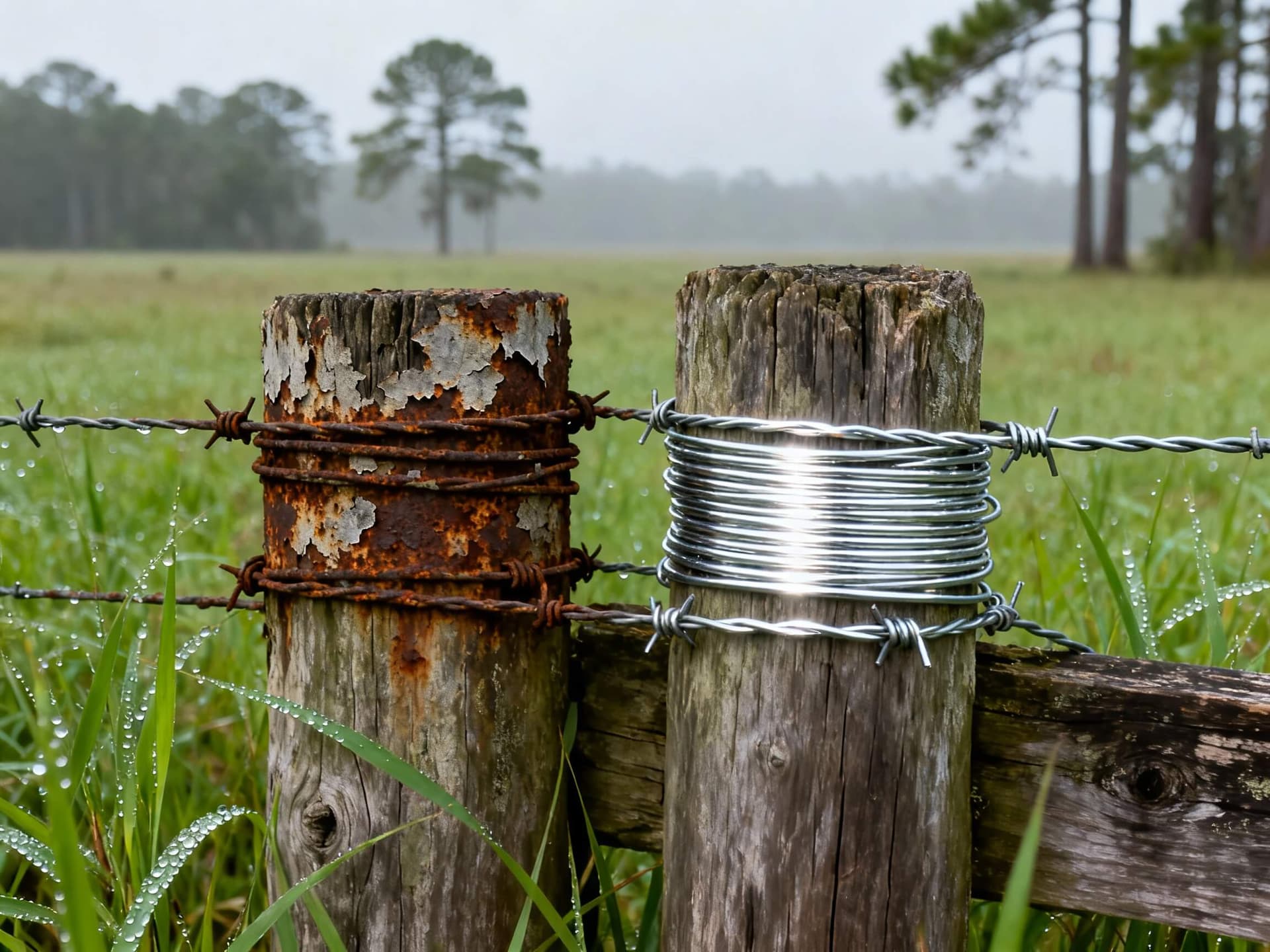 Class 1 vs Class 3 galvanized wire showing rust resistance on Florida ranch fence