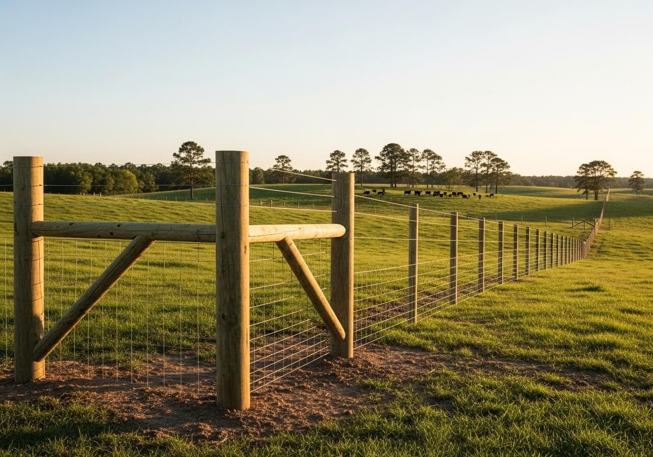 H-braced woven wire fence along a cattle pasture in Florida