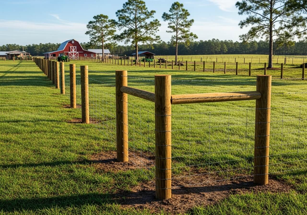 H-brace wooden fence posts aligned for high tensile wire installation
