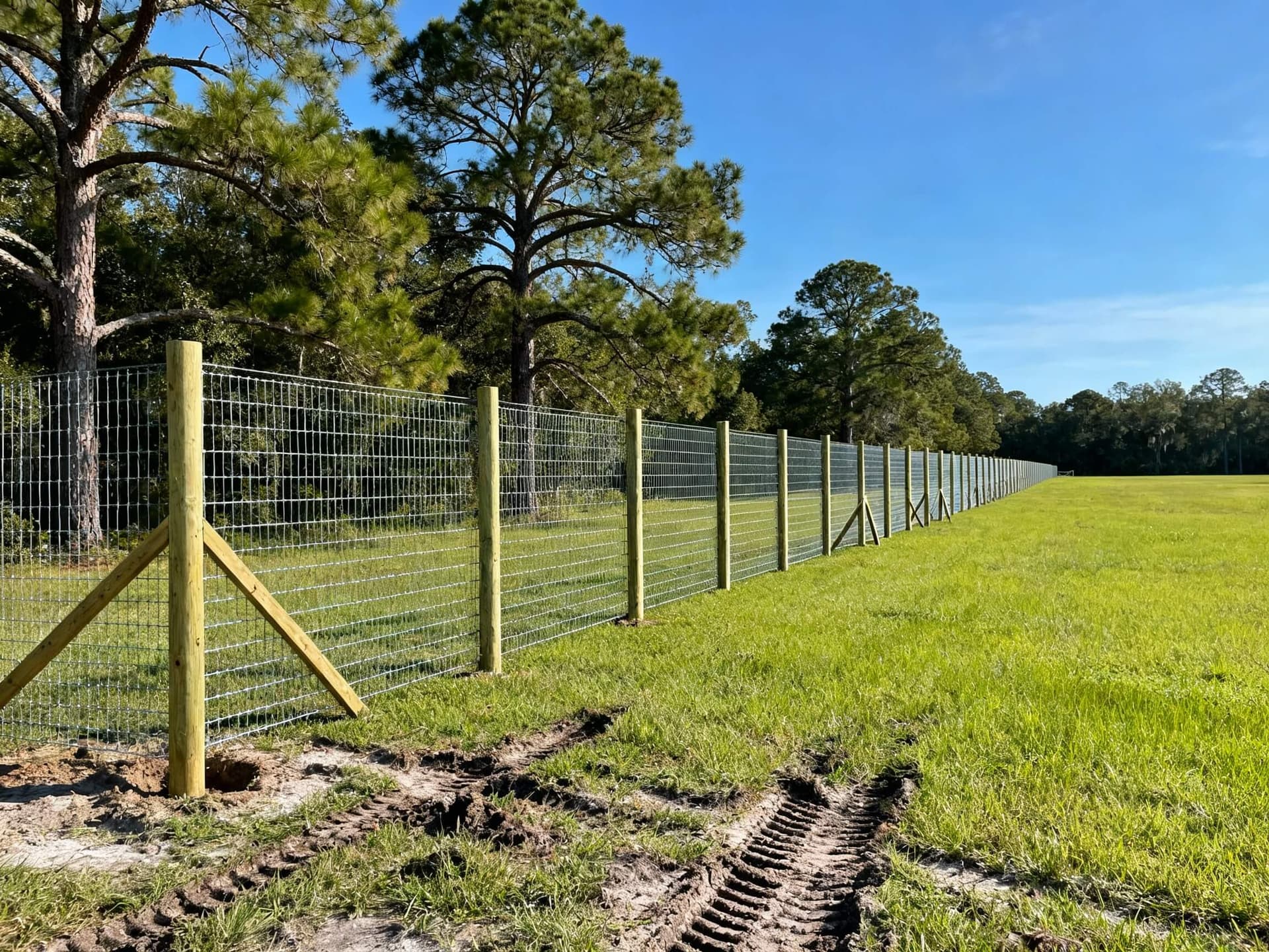 8 ft fixed knot deer fence with wood posts installed along open pasture