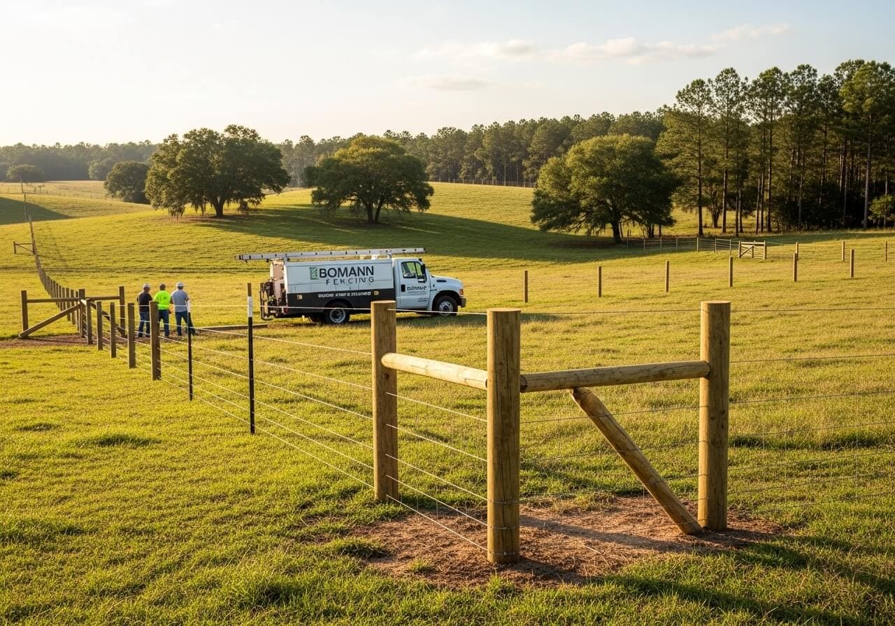 Wood post and wire farm fence built by Bomann Fencing in Florida field