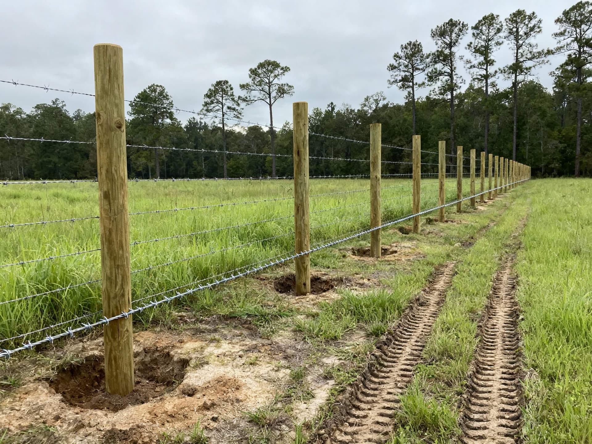 Woven wire goat fence stretching across a pasture with wooden posts