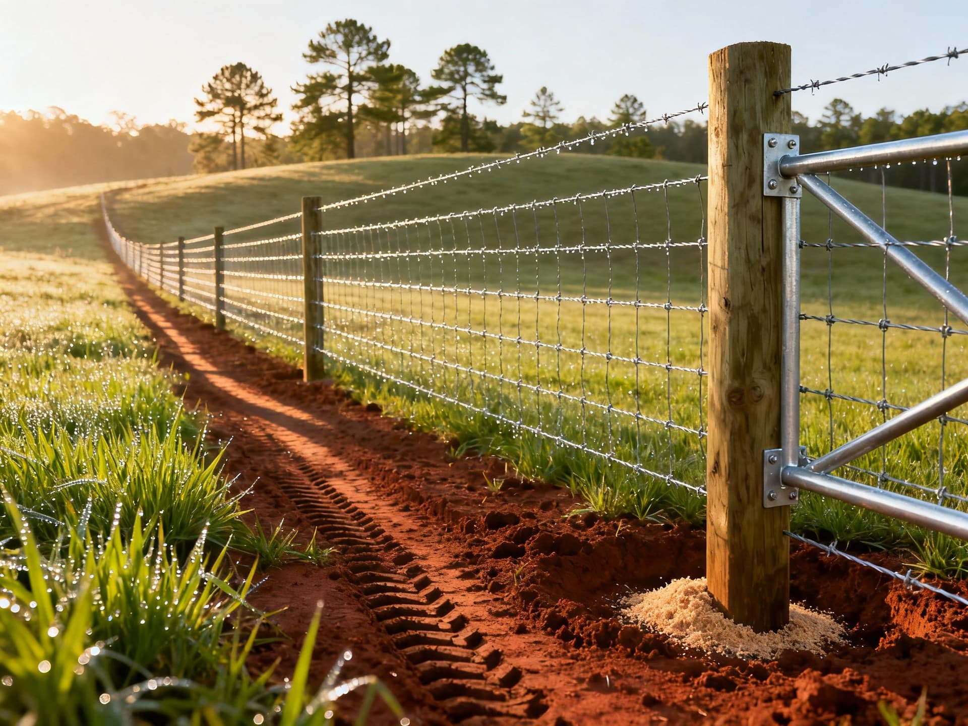 Woven wire cattle fence installed on a rolling South Georgia pasture