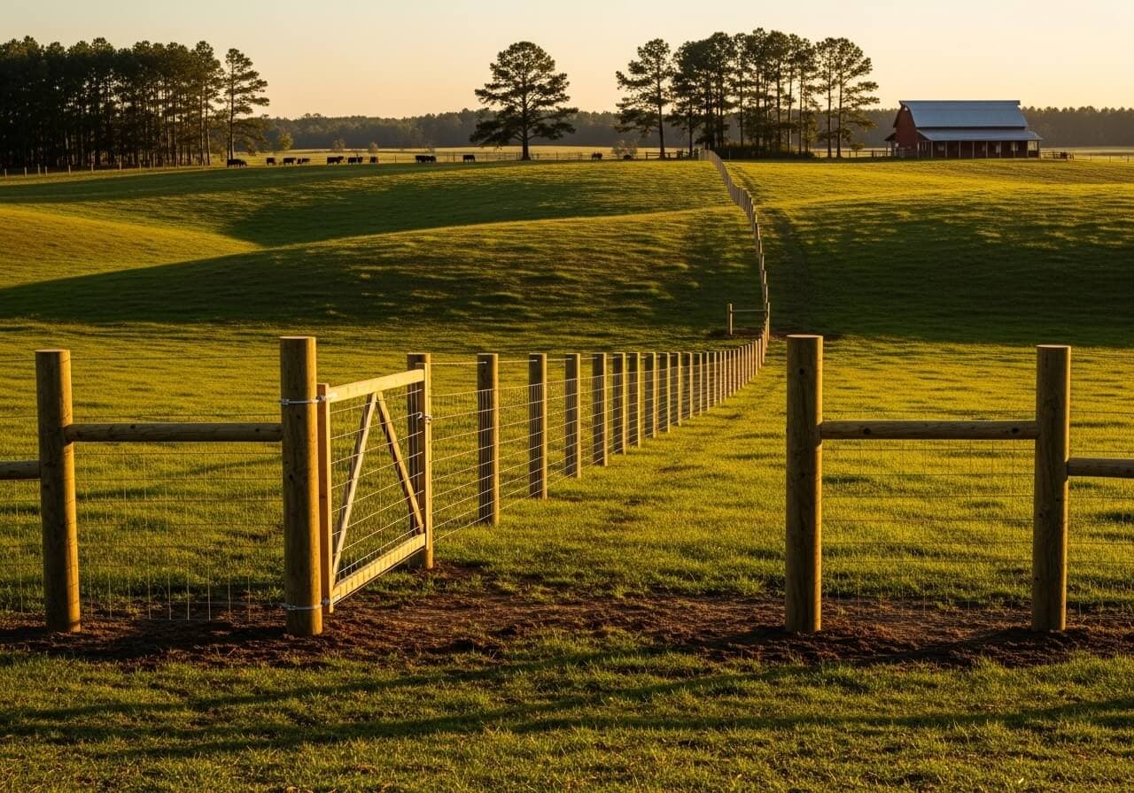 Sheep and goat fence with wooden H-brace posts on open farmland