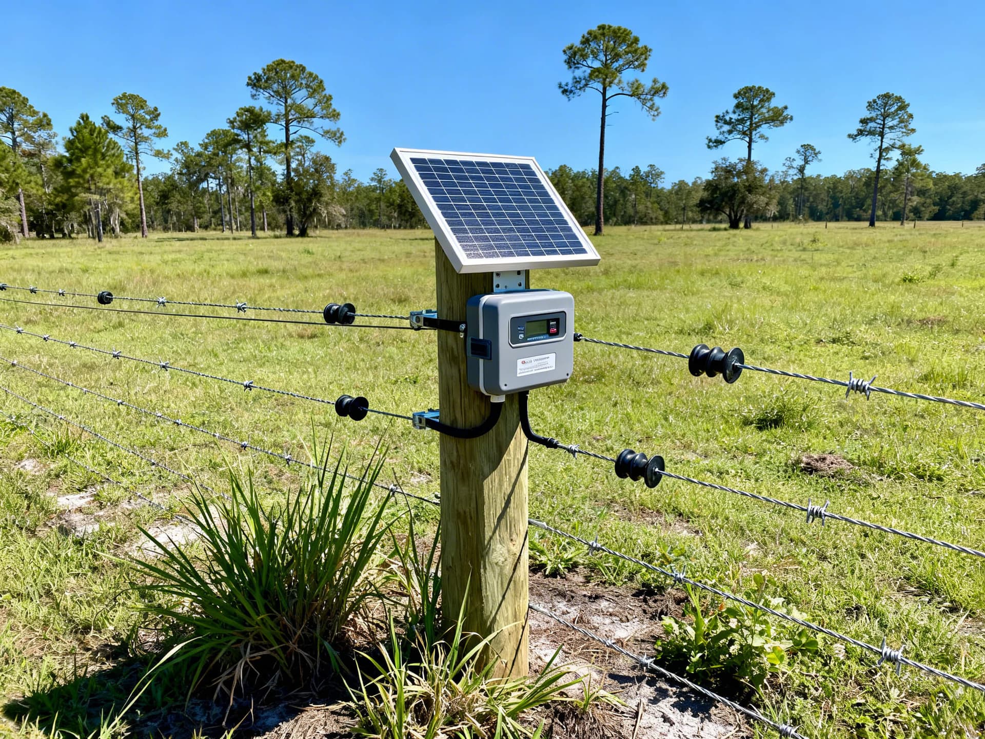 Realistic photo of a solar-powered electric fence energizer mounted on a wooden post in a sunny Florida pasture, with high-tensile wire strands, green grass, pine trees, and natural sunlight. Ideal for an agricultural fencing contractor website.