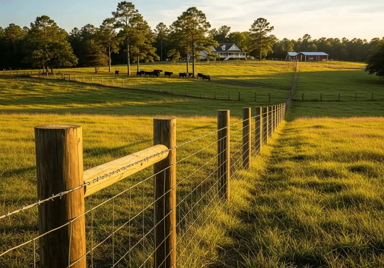 Rural Panhandle farm fence enclosing pasture with cattle and barns