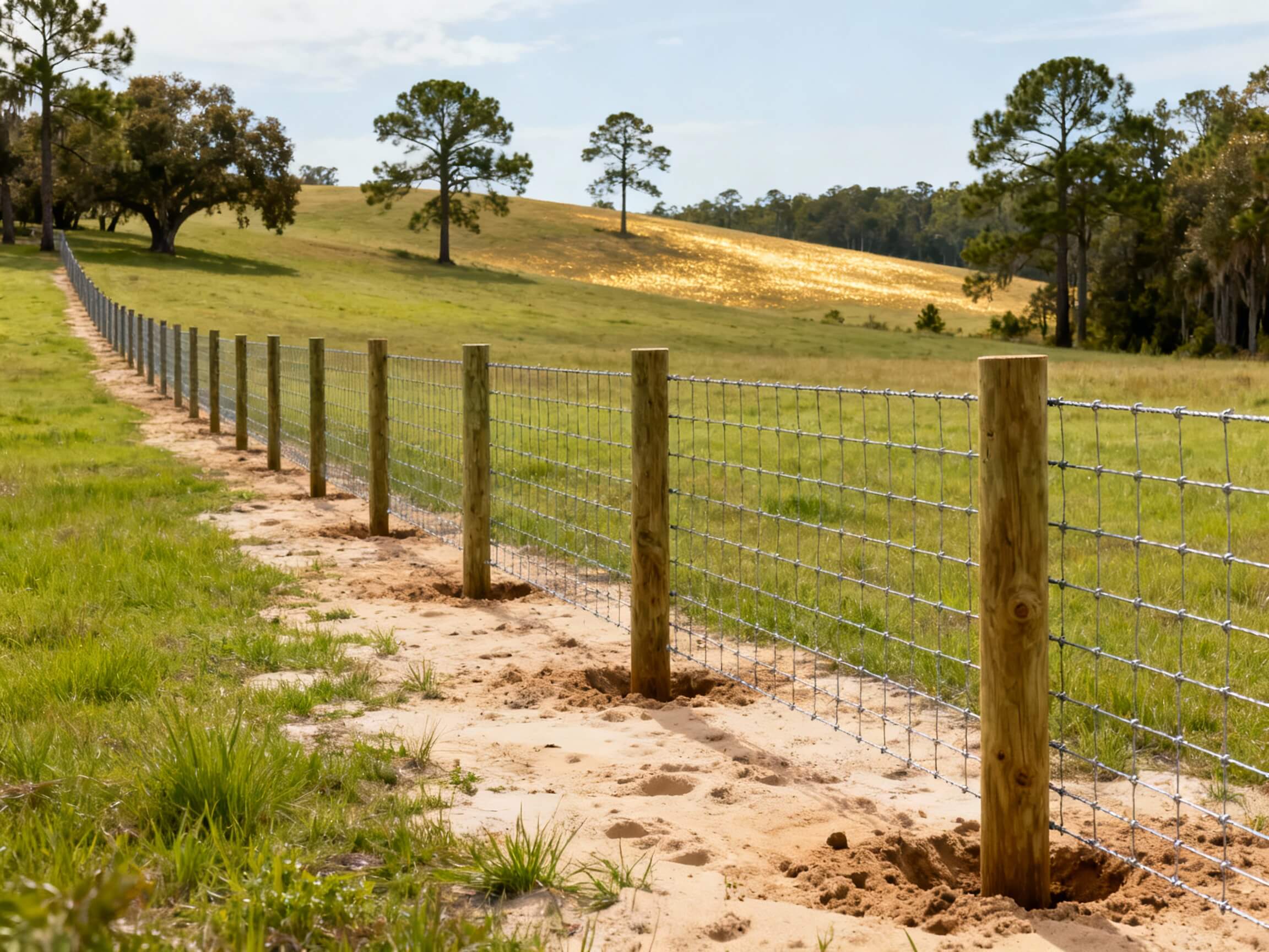Cattle fence roll installation across rolling pasture terrain