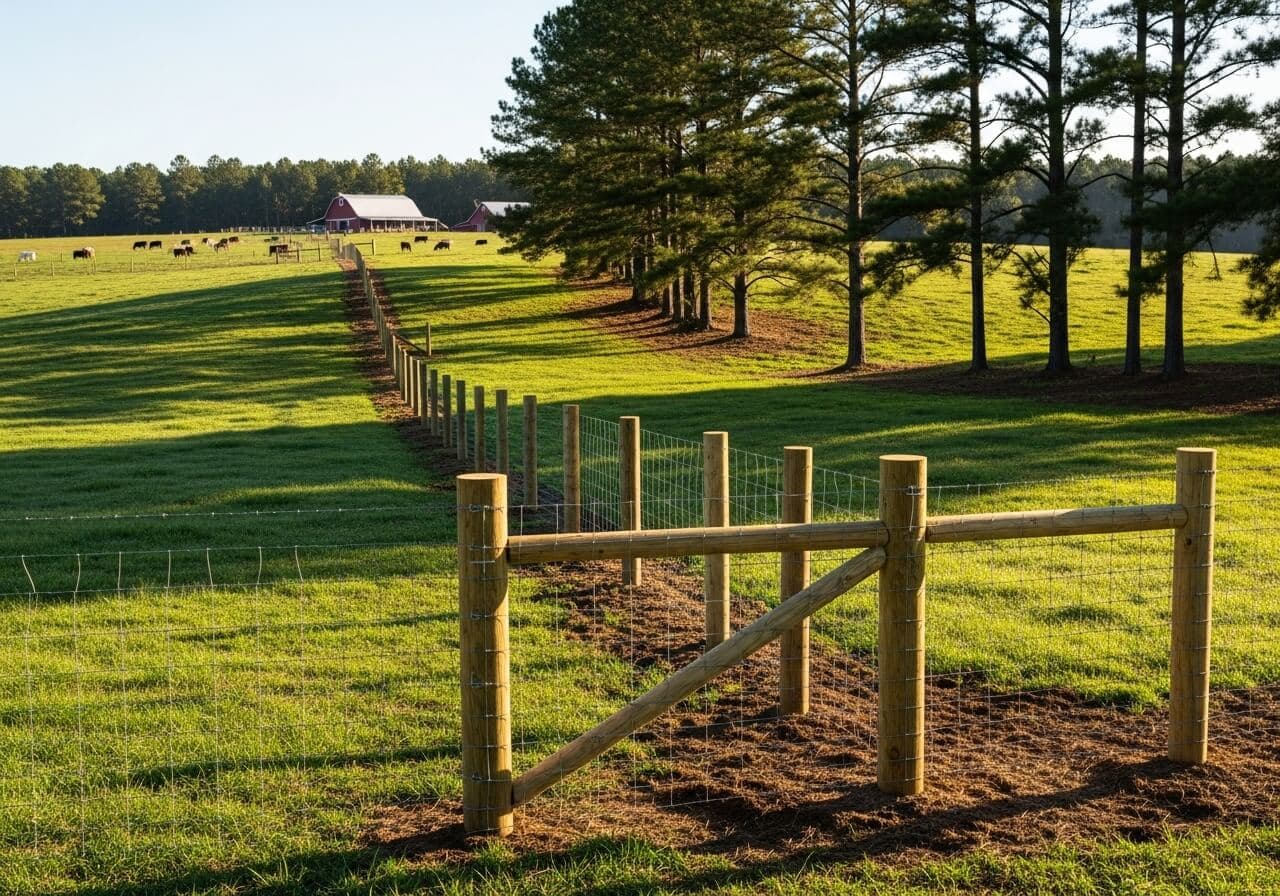 Fixed-knot woven wire fence on a rural Southeastern farm