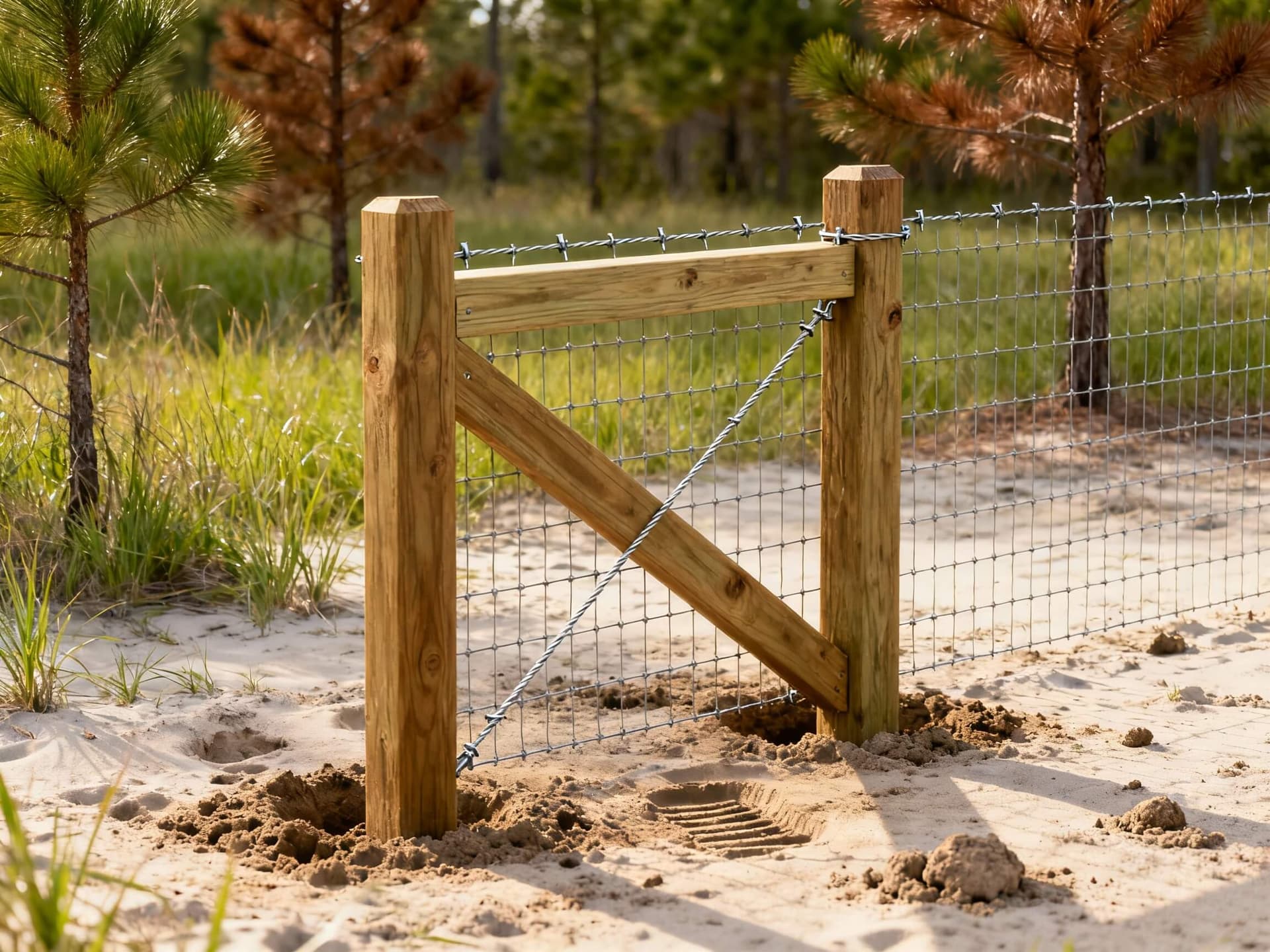 Sturdy H-brace corner post set for goat-proof fencing