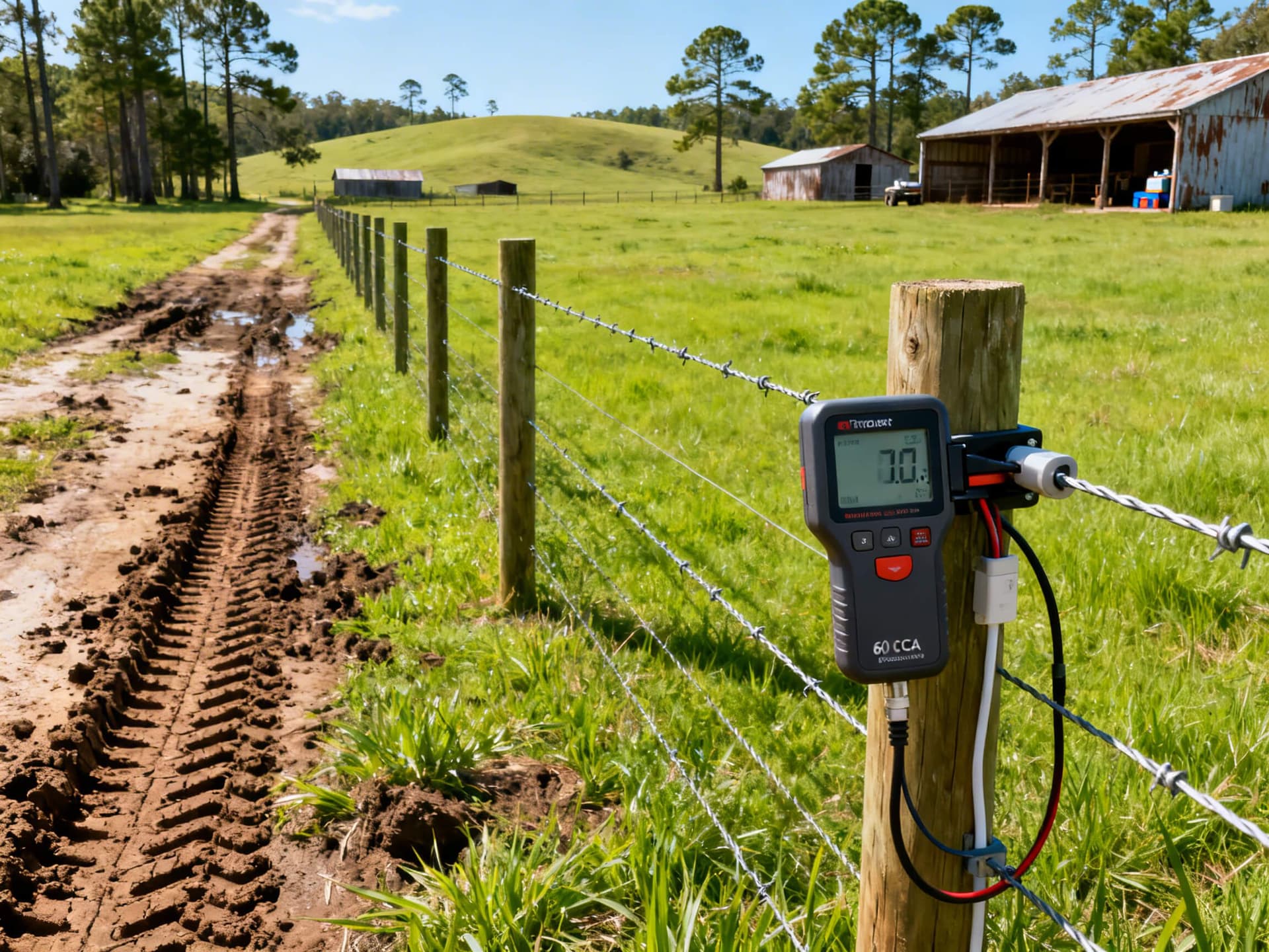 Hyper-realistic photo of a digital fault finder clipped on an electric livestock fence in rural Northwest Florida, showing sturdy wire fencing with wooden posts and a background of barns and pine trees, ideal for a farm fencing contractor blog.