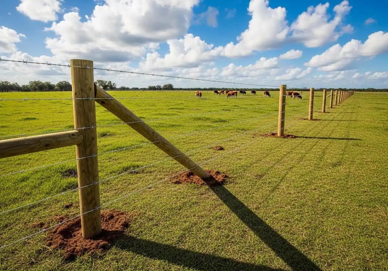Newly installed cattle fence with wooden H-brace corner post and multiple strands of barbed wire in green pasture with cattle grazing in background