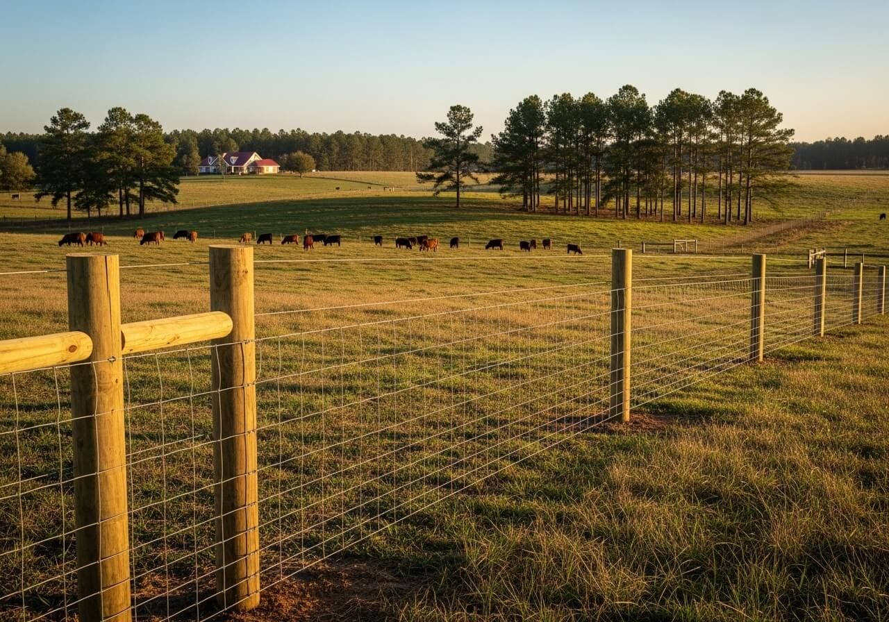 Completed high tensile fence corner with sturdy wooden brace posts