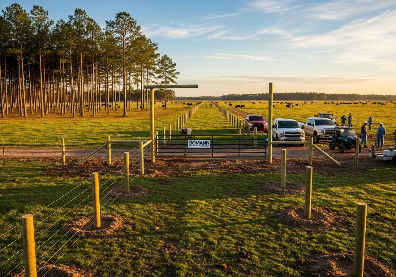 Bomann Fencing team installing high tensile wire fence at sunrise ranch
