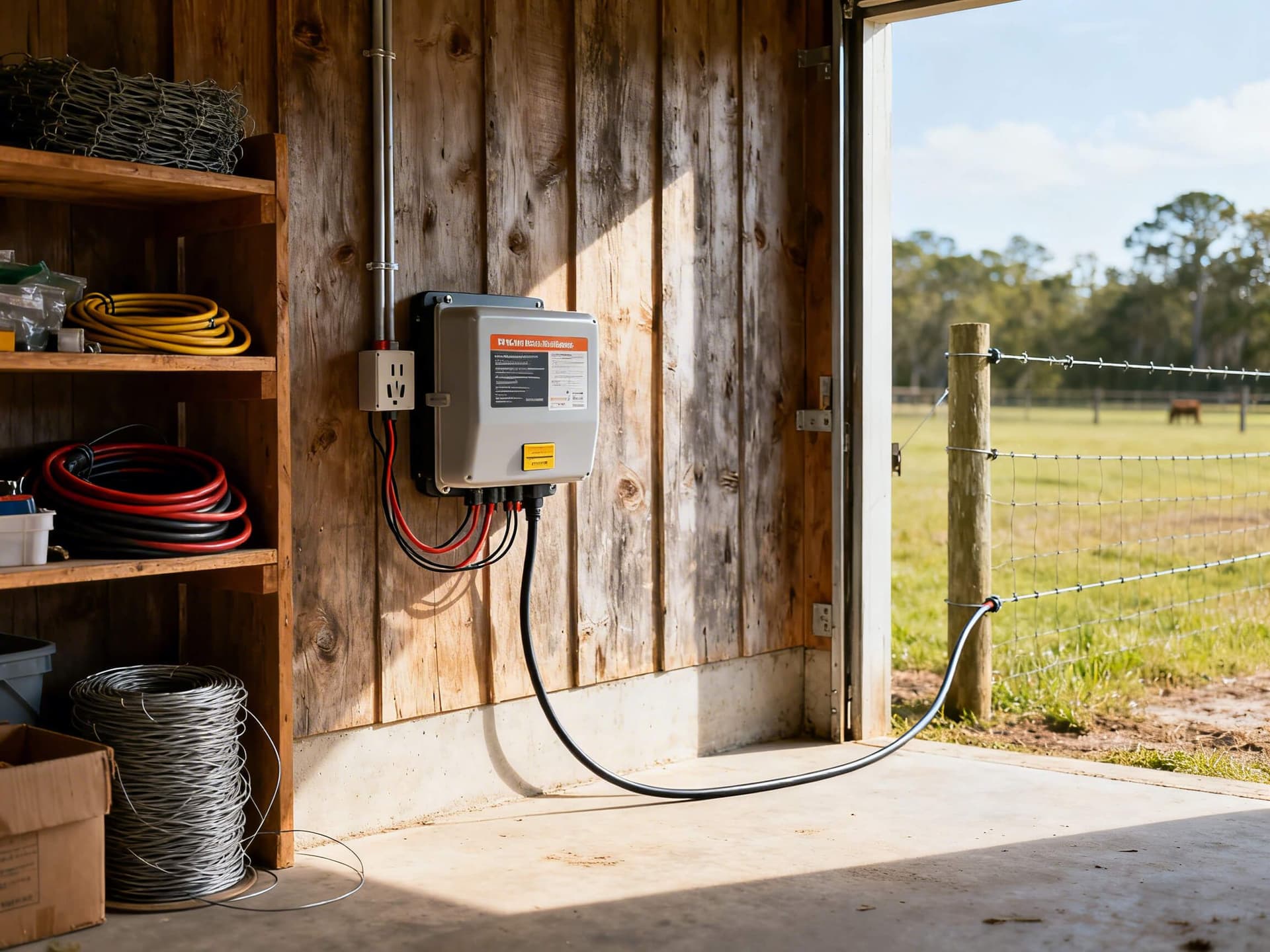 Realistic photo of a plug-in electric fence energizer mounted on a barn wall in the Florida Panhandle, showing grounded wiring and organized fencing tools, ideal for an agricultural fencing company website.