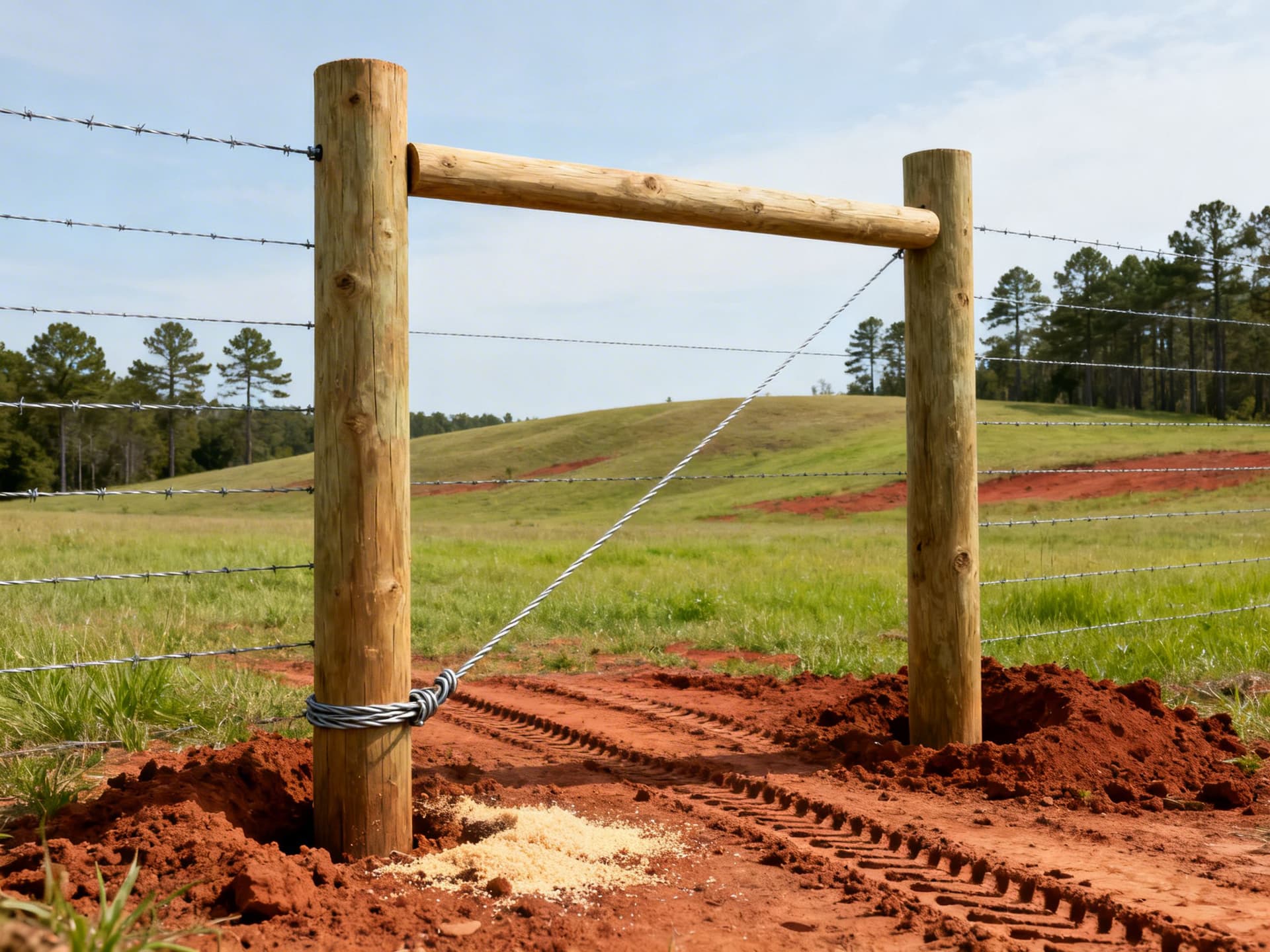 Photo of an H-brace corner for a high-tensile wire fence on an Alabama ranch, featuring treated wood posts, a sturdy horizontal brace, tight brace wire, and visible fence wires stretching into a grassy pasture with pine trees in the background.