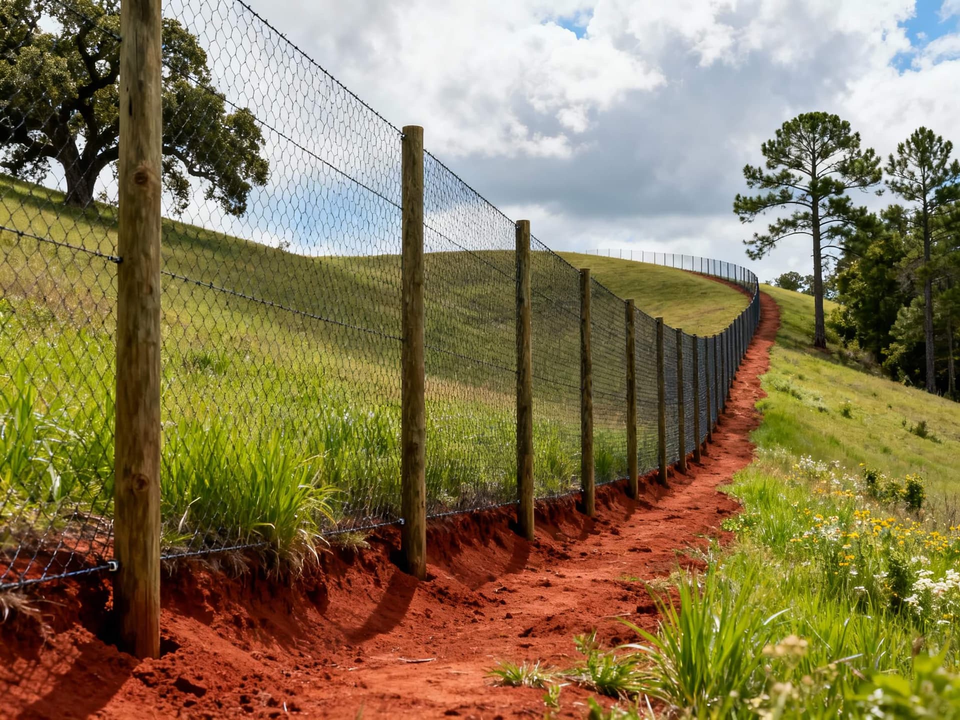 Finished 8 ft deer fence following rolling farmland with straight alignment