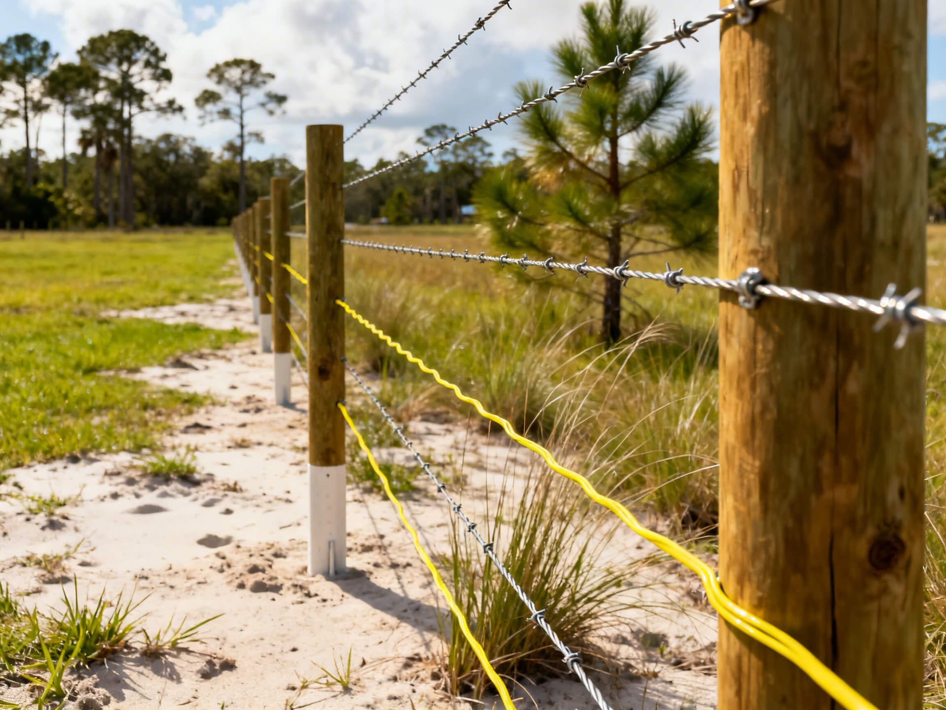 Realistic photo of high-tensile wire and poly wire electric fence side-by-side on a rural Florida Panhandle pasture, highlighting differences in materials and construction for livestock fencing.