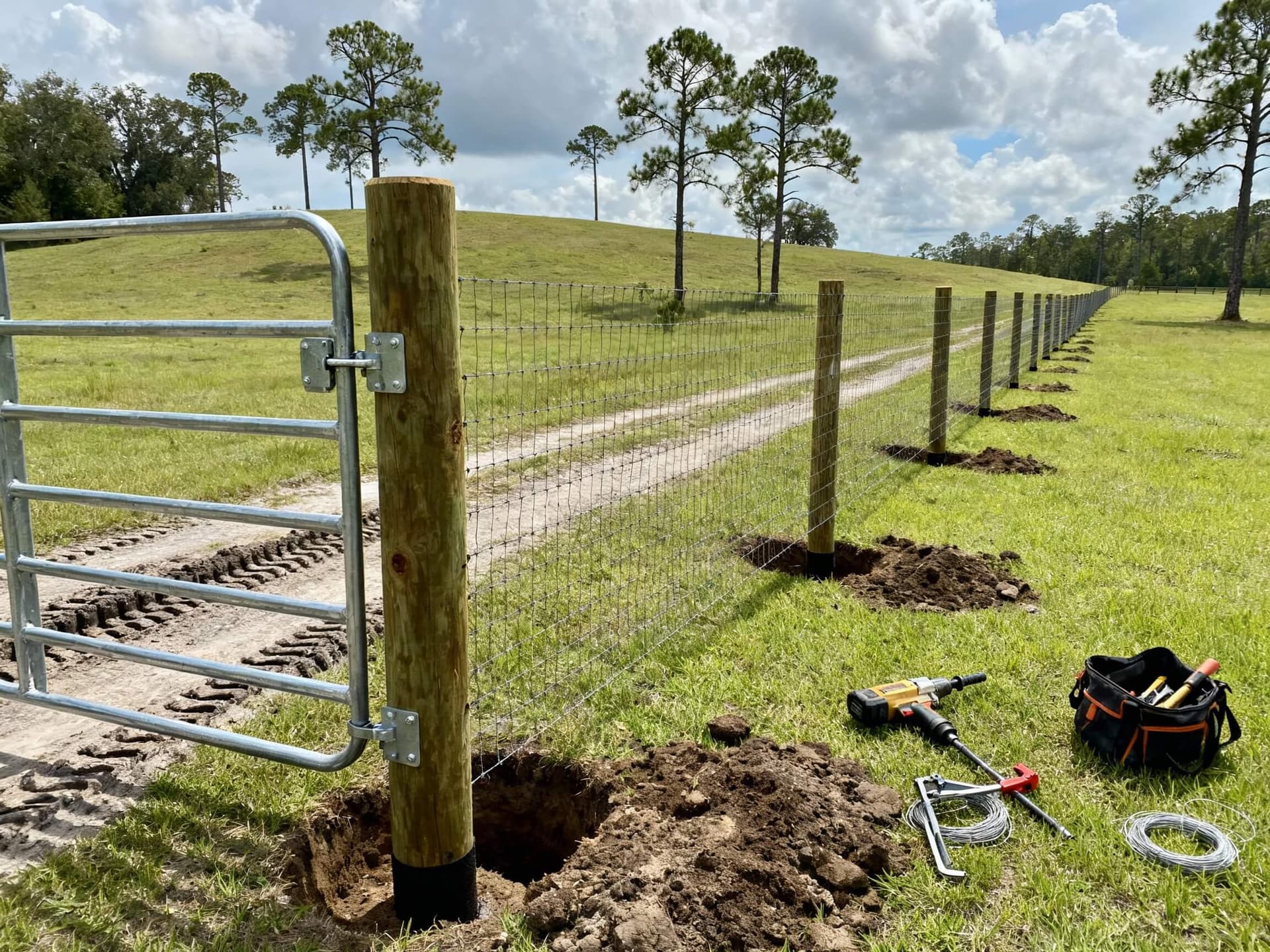 Goat-proof farm gate with tools and fence posts on grass