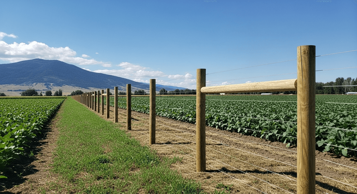 Wooden post agricultural fence with smooth wire strands protecting crop fields with mountains in background under blue sky with white clouds