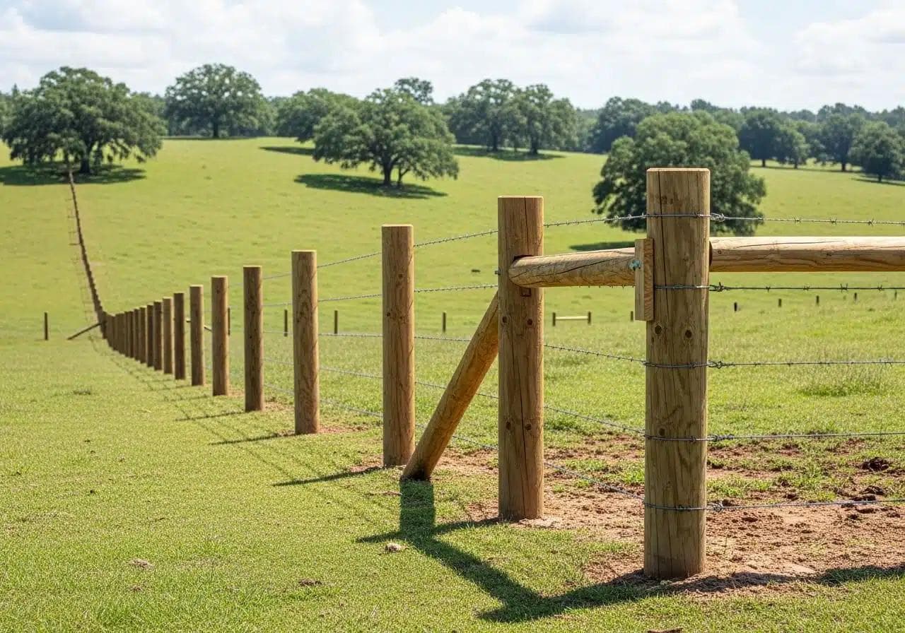 Wooden gate opening in barbed wire cattle fence with H-brace construction spanning across green pasture with scattered oak trees in rolling countryside