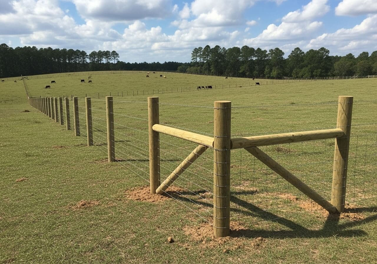 4x4 woven wire fence enclosing a goat and sheep pasture
