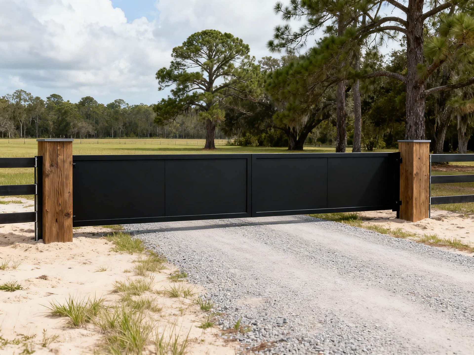 Hyper-realistic photo of a modern black aluminum slide gate installed at a rural driveway entrance in the Florida Panhandle, with pine trees, native grasses, and a gravel driveway visible. Perfect for showcasing agricultural driveway gate installations.