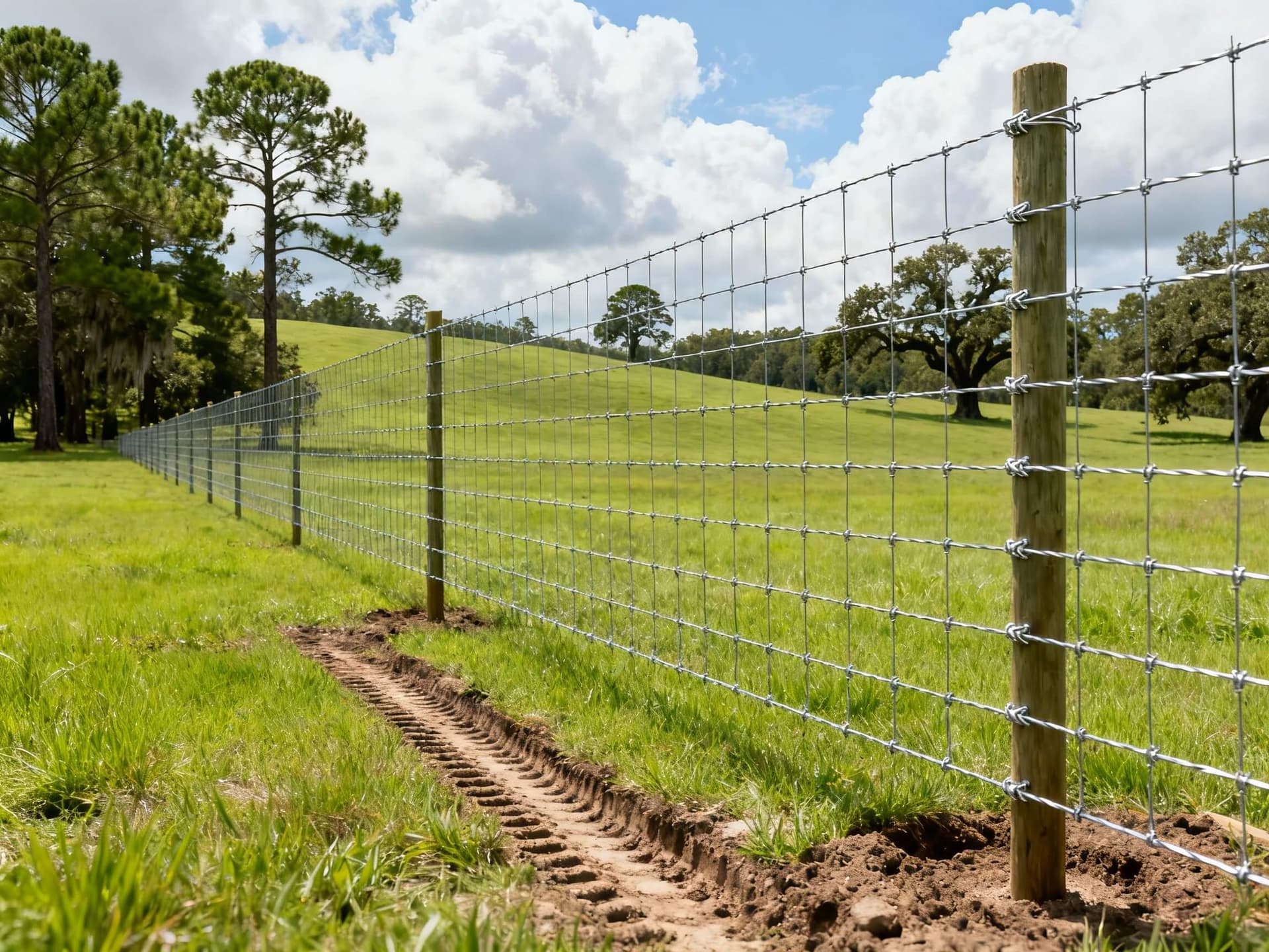 Woven wire goat fence on green pasture with wooden posts
