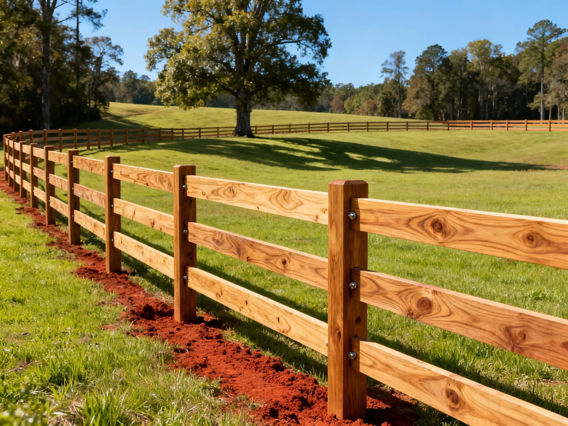Hyper-realistic photo of a cedar board fence surrounding a horse paddock in Southern Georgia, showing sturdy posts, natural cedar grain, and green pasture under a clear sky, perfect for a farm fencing contractor website.