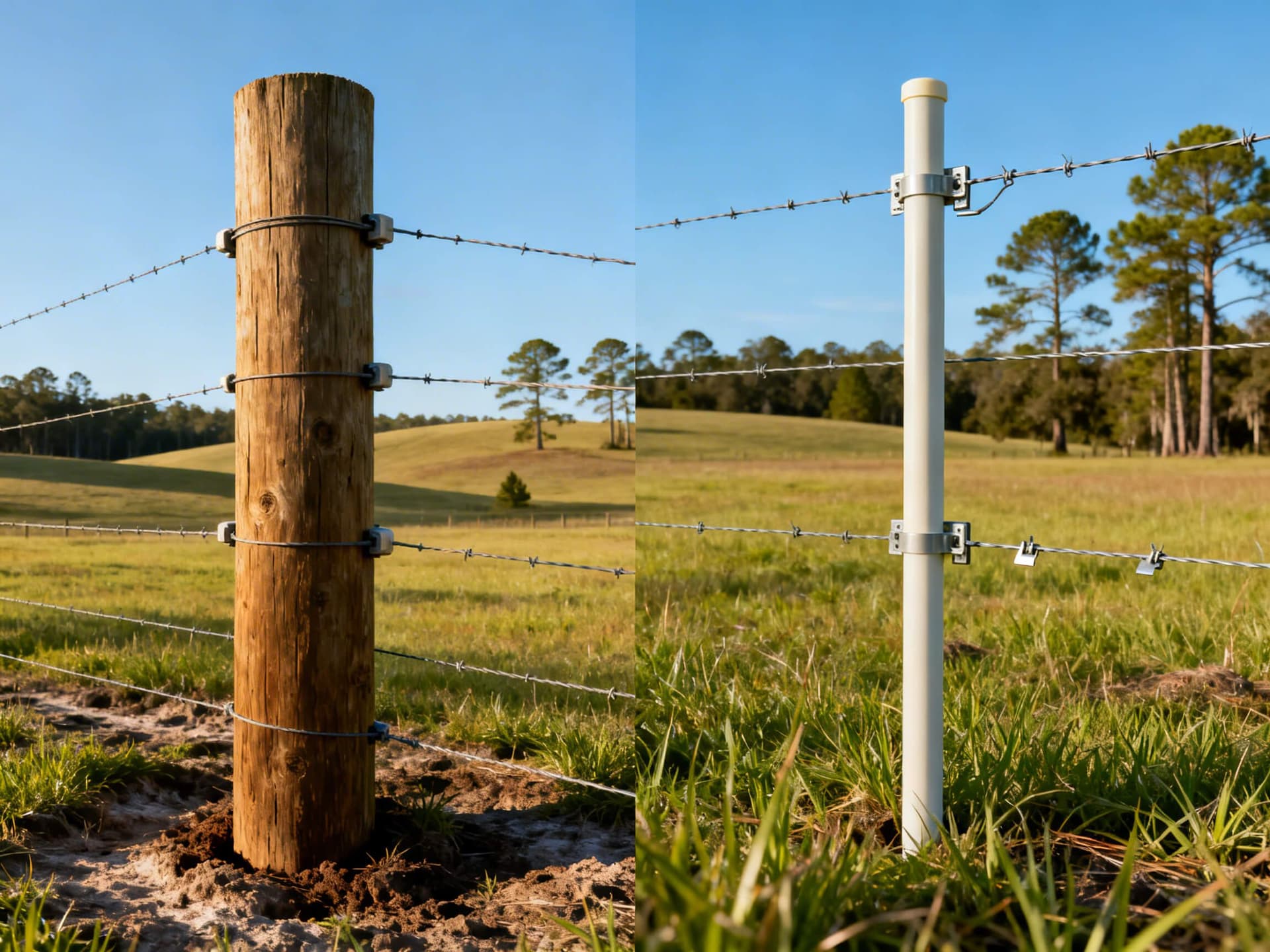 Realistic photo of a wooden fence post and a fiberglass step-in post side by side in a Bonifay, Florida pasture, illustrating the differences between traditional and modern electric fence posts for cattle.