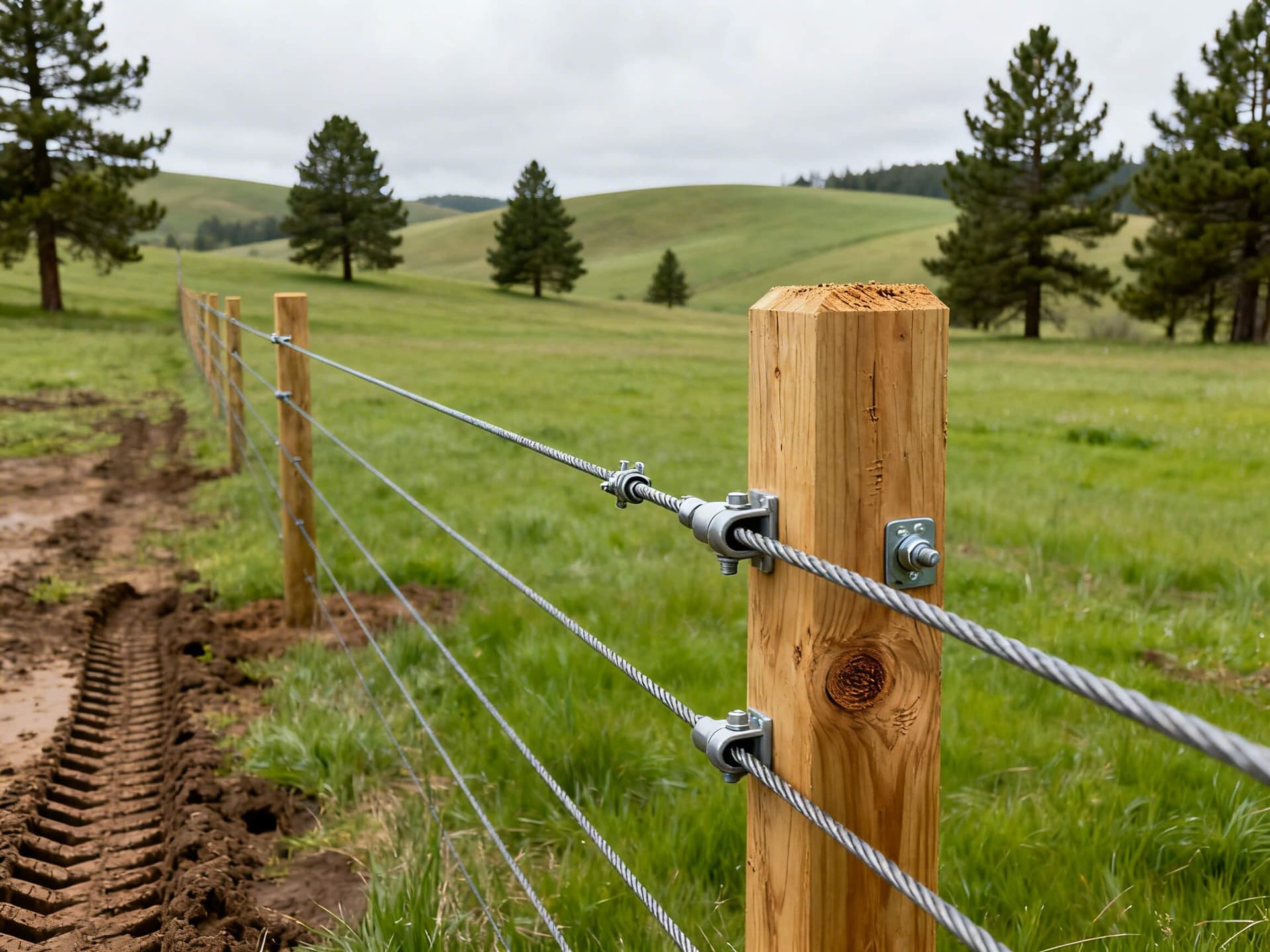 Hyper-realistic photo of a sturdy cable fence installed for cattle on a large pasture in the Florida Panhandle, showing tightly strung steel cables and pressure-treated wooden posts with lush fields and pine trees in the background.