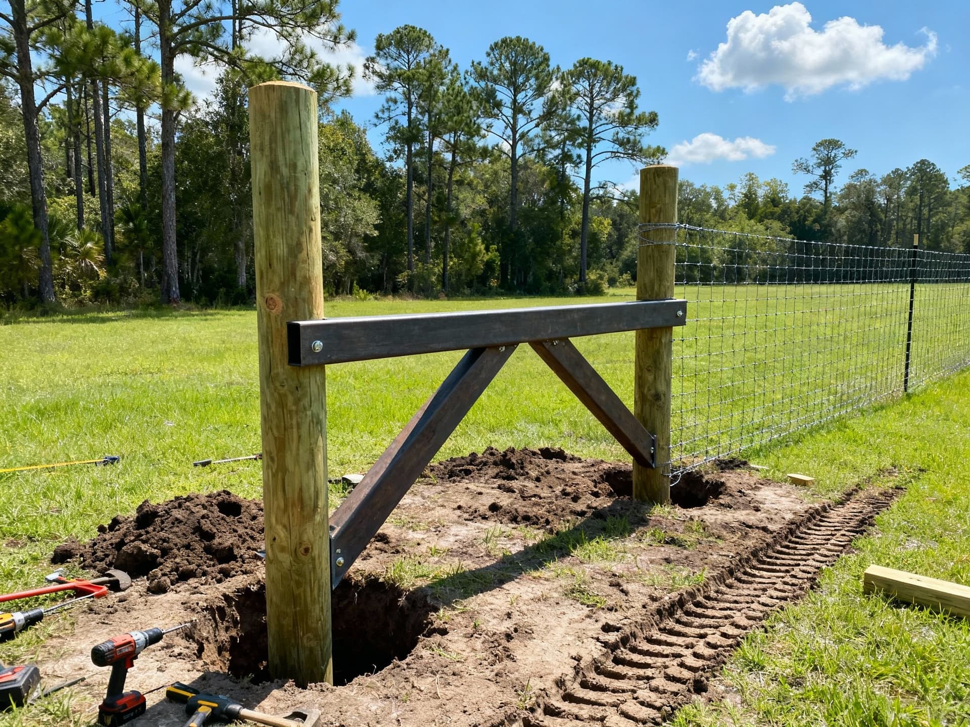 H-brace assembly on newly installed cattle fence in Florida Panhandle pasture
