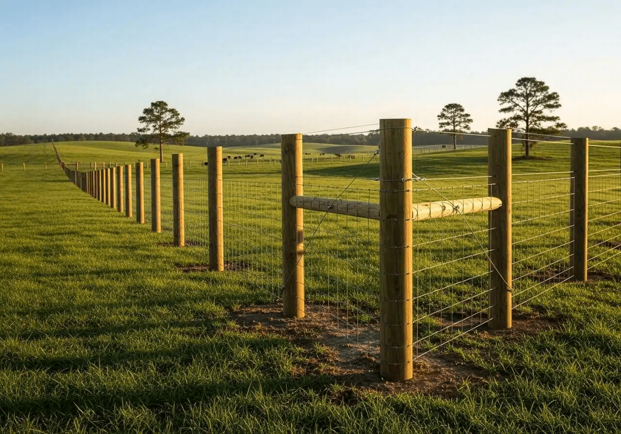 New cattle fence installation on farm with wooden posts and wire mesh