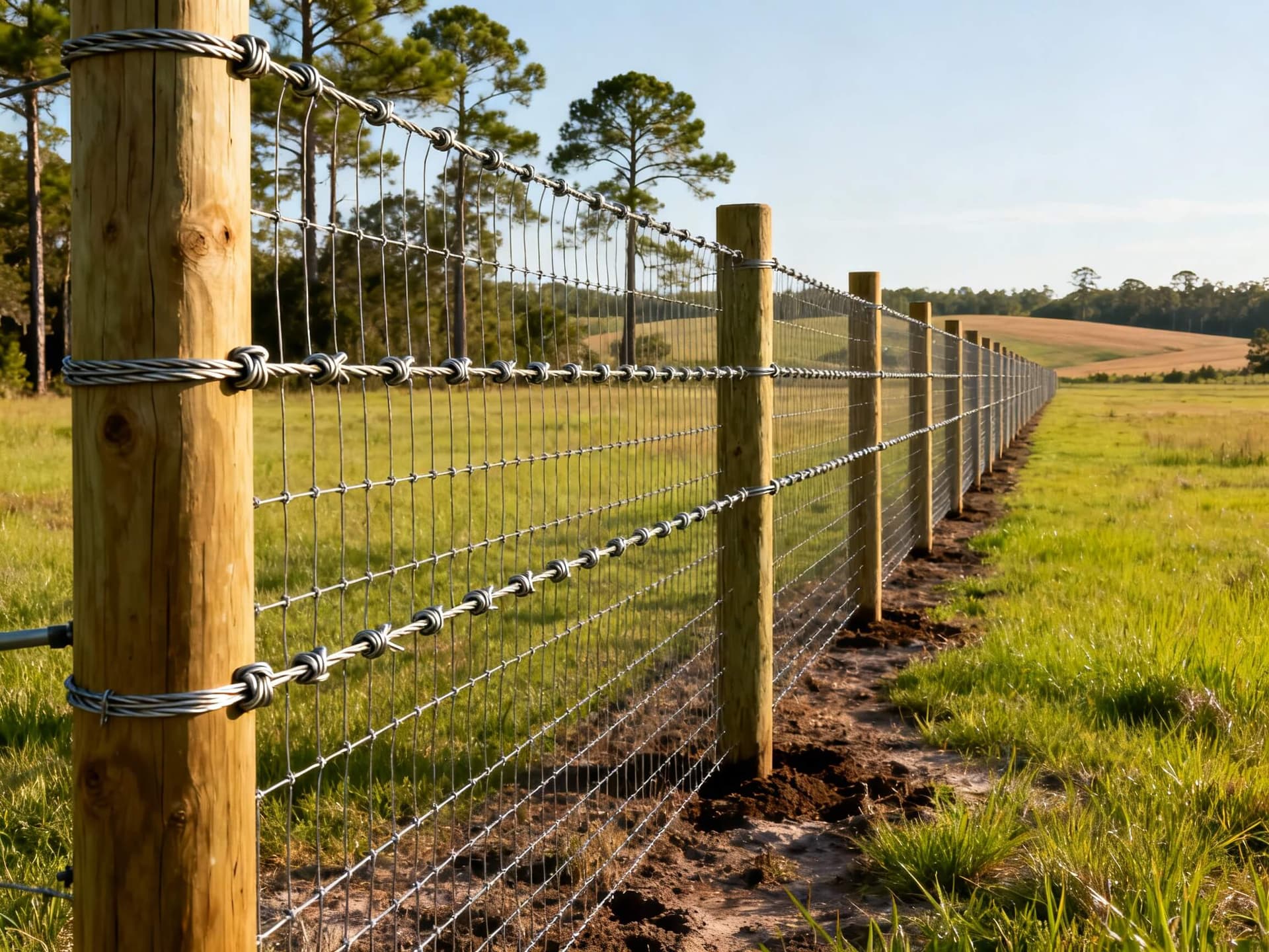 fixed knot deer fence installed along a lush pasture in rural Florida