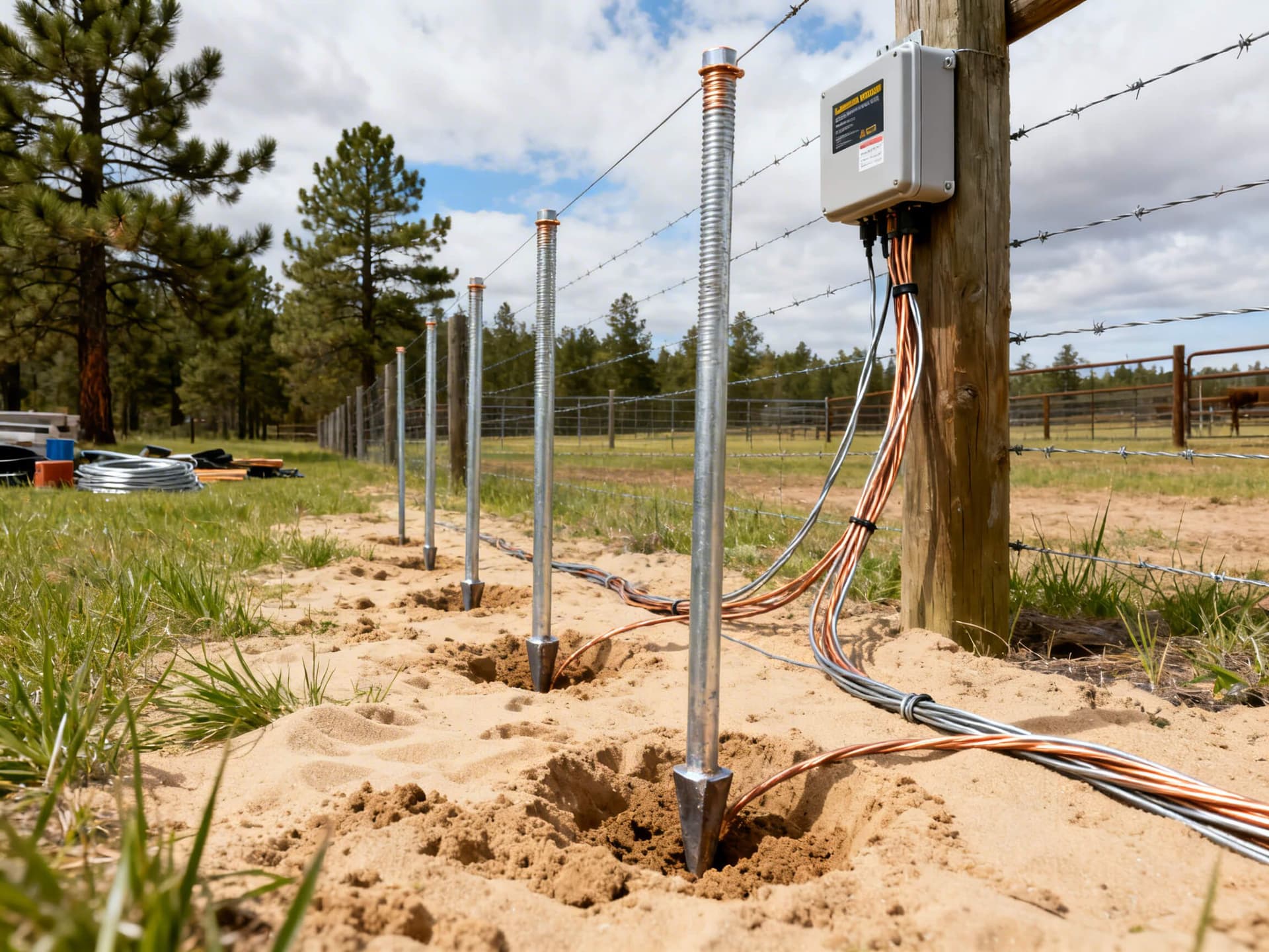 Realistic photo of multiple electric fence ground rods installed in sandy soil beside a fence line on a ranch in South Georgia, with rods connected by wire and surrounded by grassy fields and pine trees, ideal for illustrating a proper agricultural electric fence grounding setup.