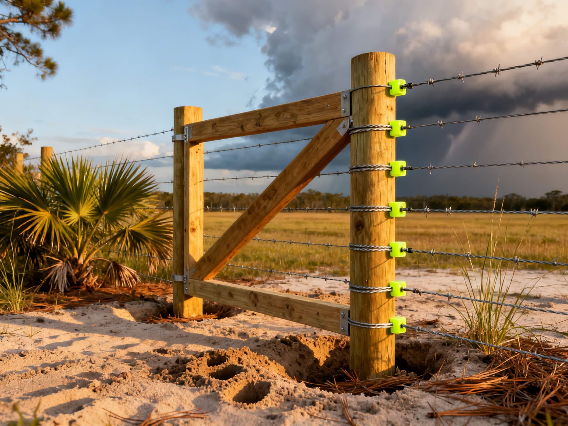 Hyper-realistic photo showing a sturdy H-brace corner assembly on a high-tensile electric fence in the Florida Panhandle, featuring durable treated posts, taut electric wires, and a rural Florida landscape, ideal for an agricultural fencing contractor's website or blog.