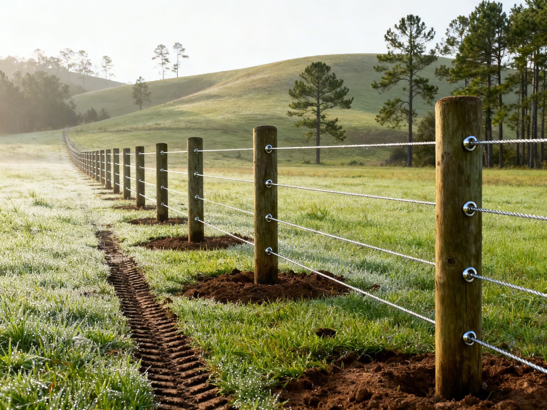 Photo of a ranch cable fence stretching across rolling hills in South Georgia, showing sturdy wooden posts and taut cables over green pasture, suitable for a farm fencing contractor.