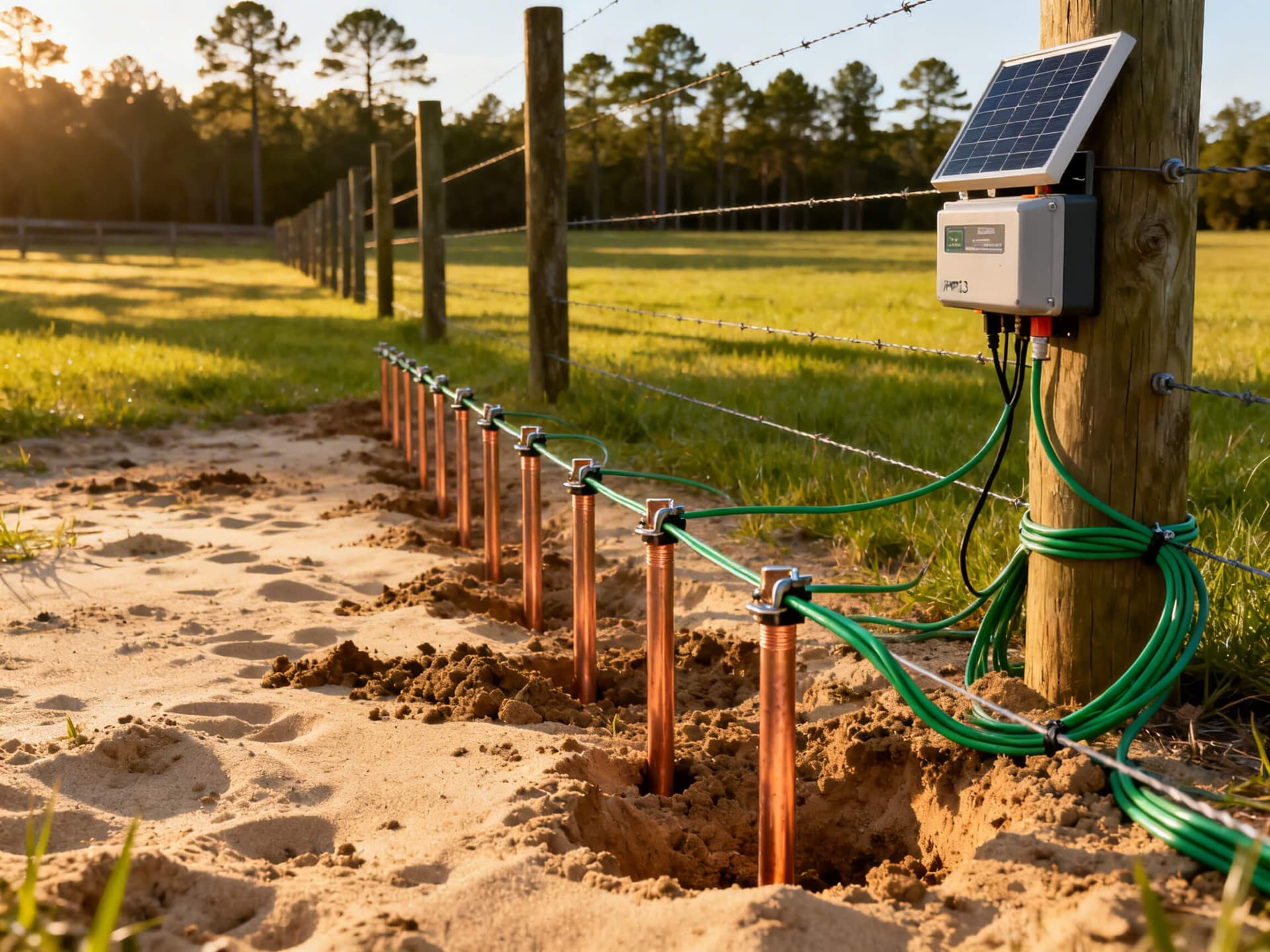 Realistic photo of an electric fence grounding system with multiple copper rods installed in sandy soil on a Georgia farm, showing grounding wires and a solar-powered fence charger on a wooden post, perfect for an agricultural fencing contractor website.