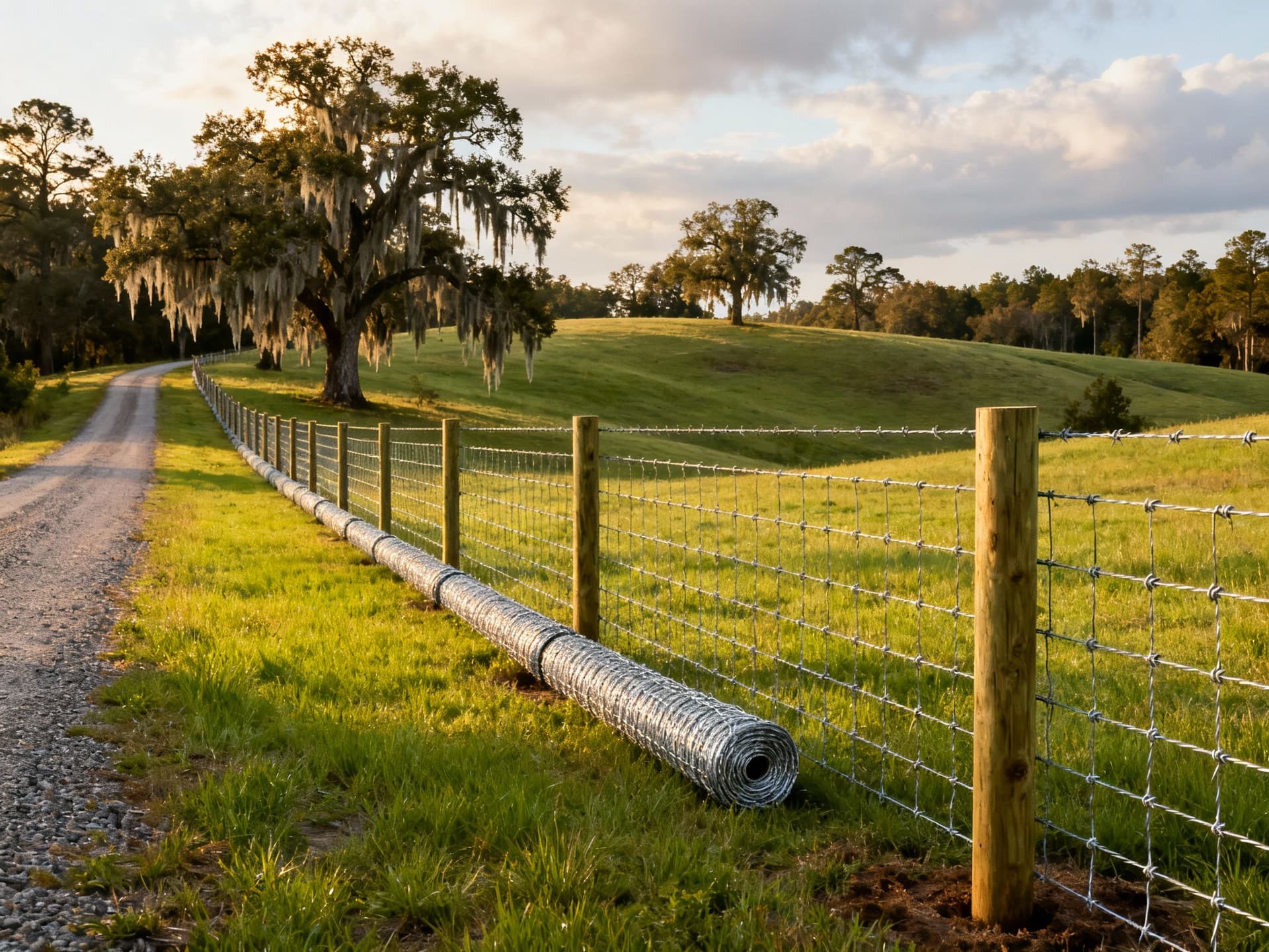 High-tensile fixed-knot cattle fence in rolling South Georgia pasture