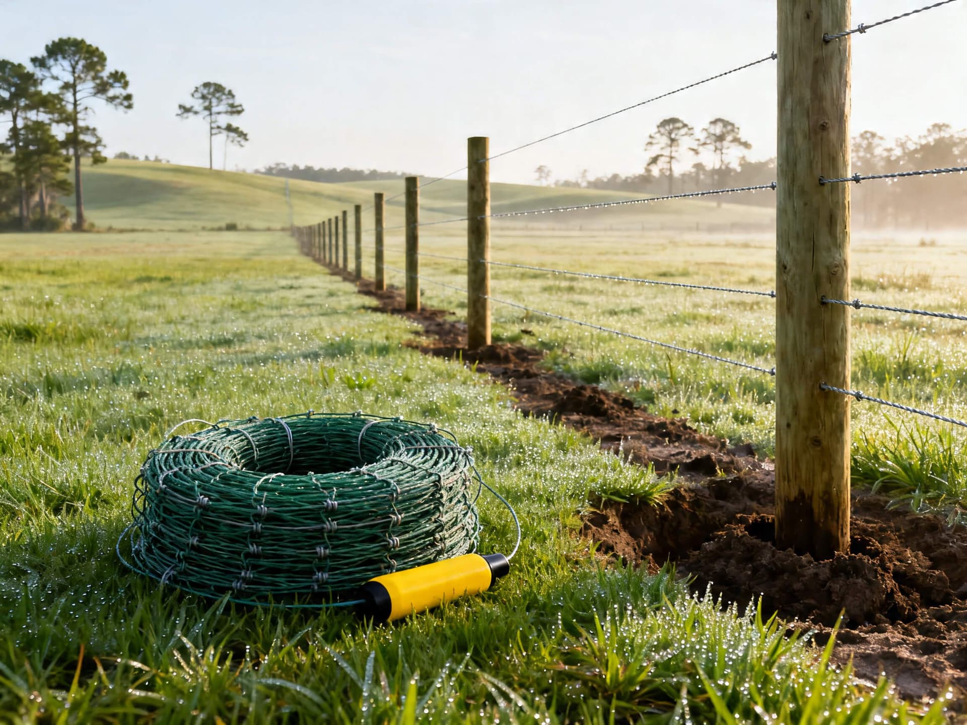 Realistic photo of a roll of portable electric netting placed beside a newly built high-tensile wire farm fence with sturdy wood posts, set on green pasture under clear morning skies in the Florida Panhandle.