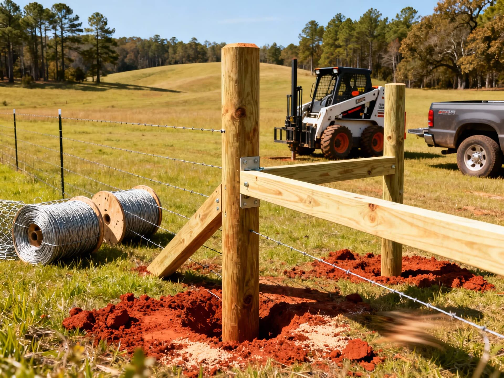 heavy-duty wooden H-brace installation for a high-tensile agricultural fence in rural Georgia