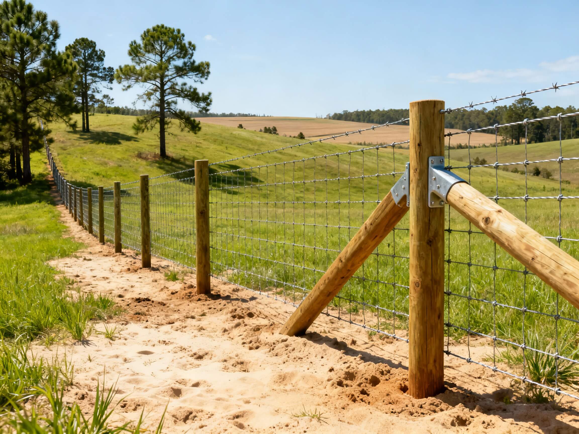 Livestock woven wire fence with wooden posts securing pasture land
