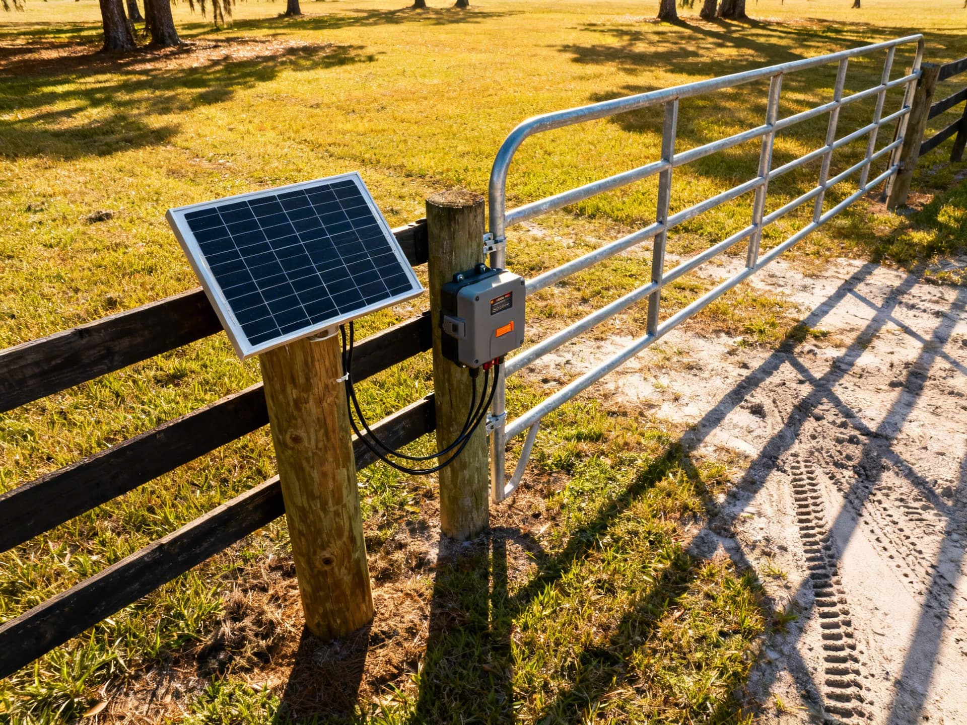 Hyper-realistic photo of a solar panel mounted on a wooden fence post, powering an automatic farm gate opener on a galvanized metal gate in a Florida Panhandle pasture, perfect for an agricultural fencing contractor website.