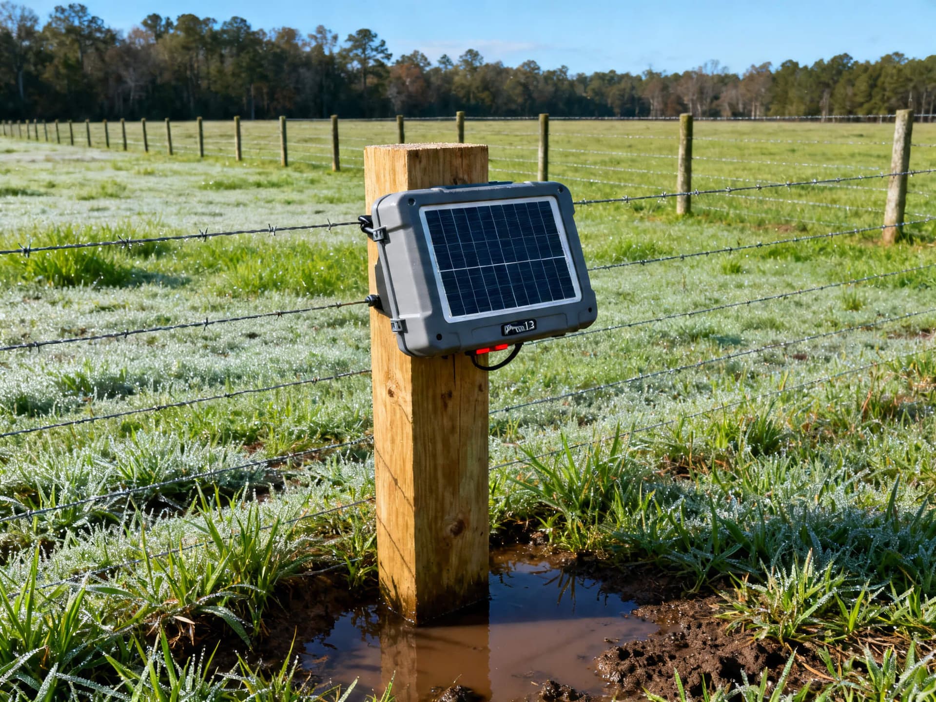 Realistic photo of a solar electric fence charger mounted on a wooden post, powering a wire cattle fence in a green pasture in South Georgia, showing the charger setup and the rural farm landscape under a blue sky.