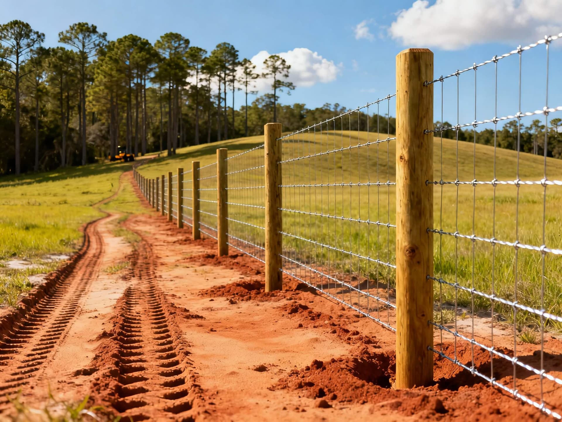 High-tensile livestock wire fence on a pasture in South Georgia