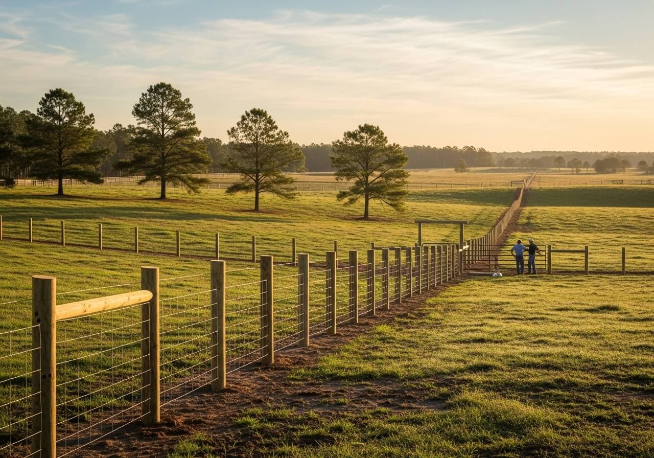 High tensile fence corner installation on open farmland at sunrise