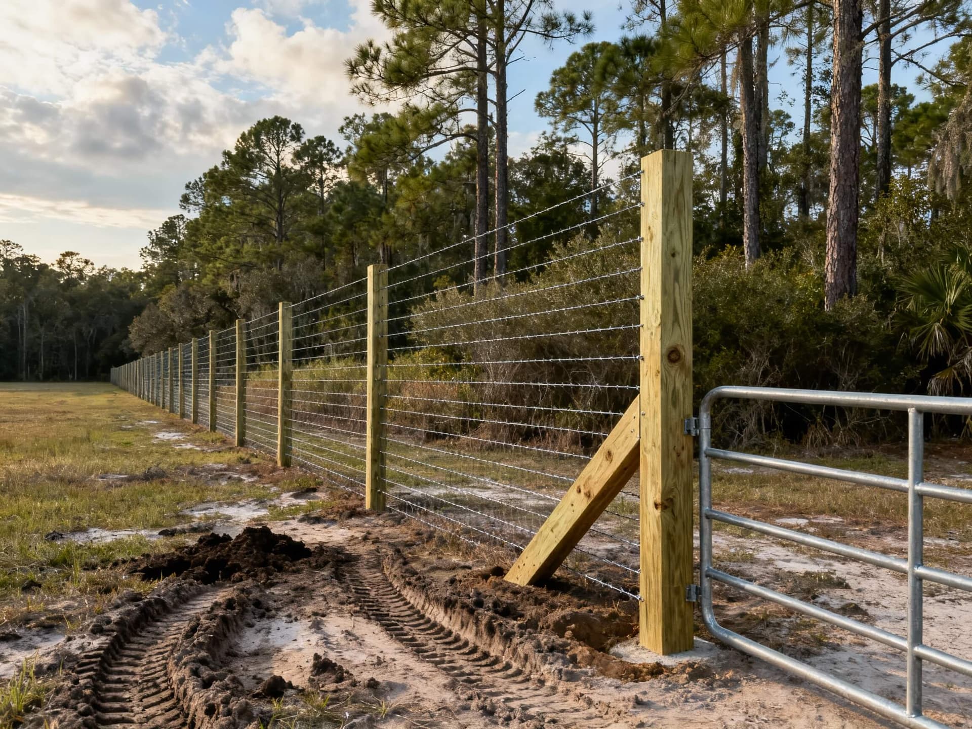high tensile fixed knot deer fence with H-brace corner and metal gate