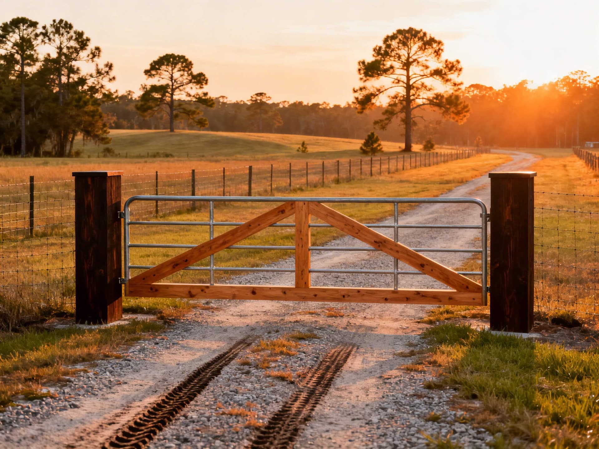 Hyper-realistic photo of a custom metal and wood farm gate installed at a rural property entrance in the Florida Panhandle, showing sturdy materials, natural surroundings, and a field fence continuing on both sides.