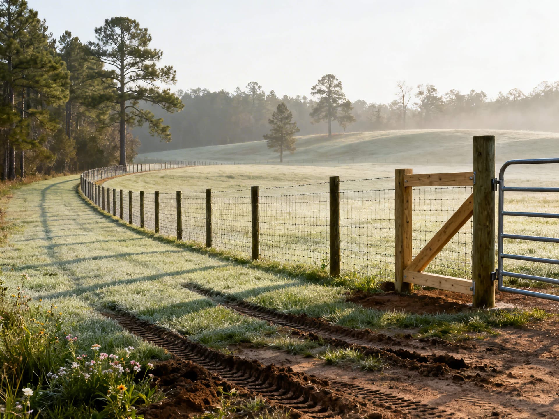 Hyper-realistic photo of a professional farm fence and entrance gate on a rural property in South Georgia, showing sturdy wood posts with field wire mesh, metal gate, and pine trees in the background under early morning light.